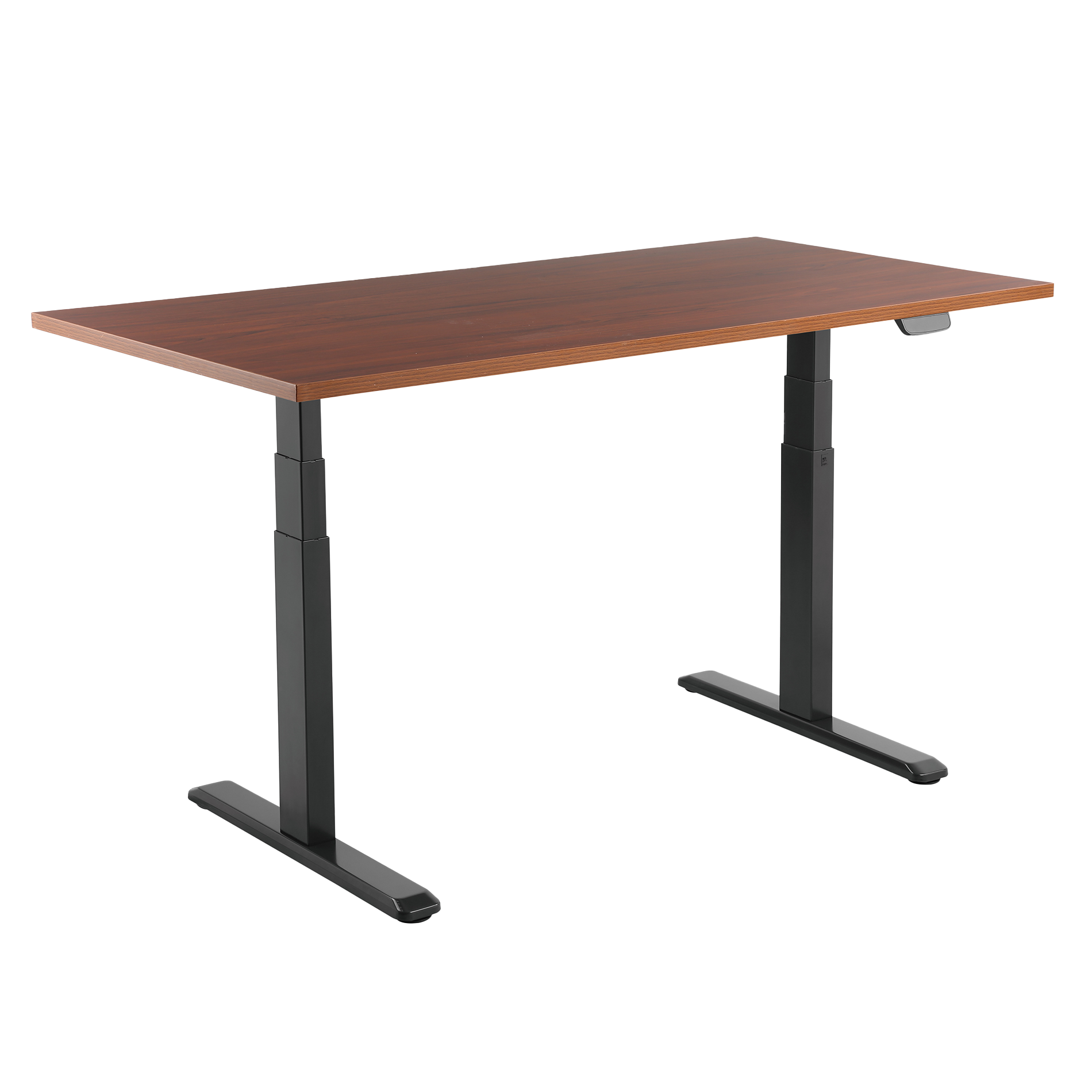 Un escritorio ajustable en altura con tapa de madera marrón y patas de metal negro.