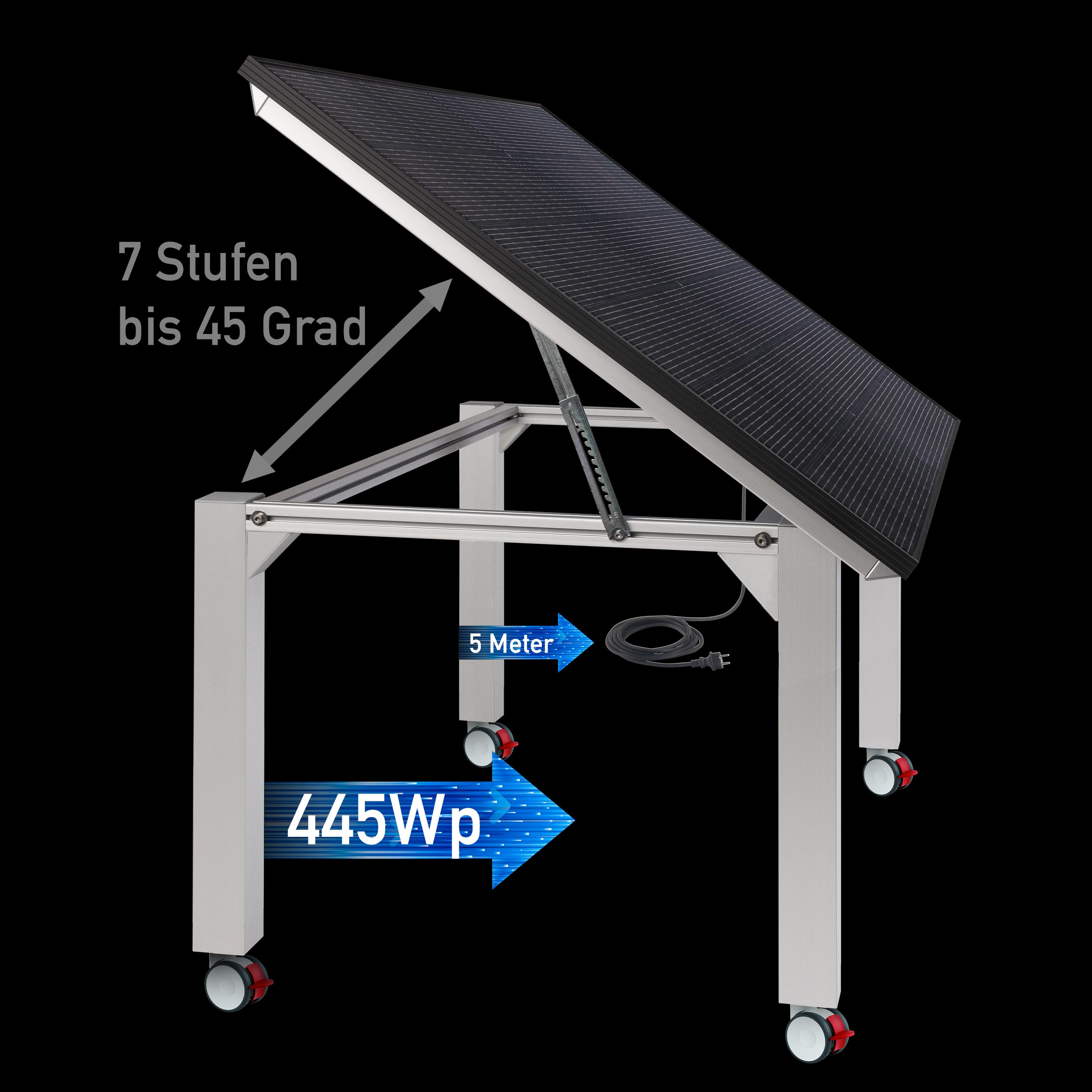 Solarpanel auf einem verstellbaren Gestell mit 7 Stufen bis 45 Grad.