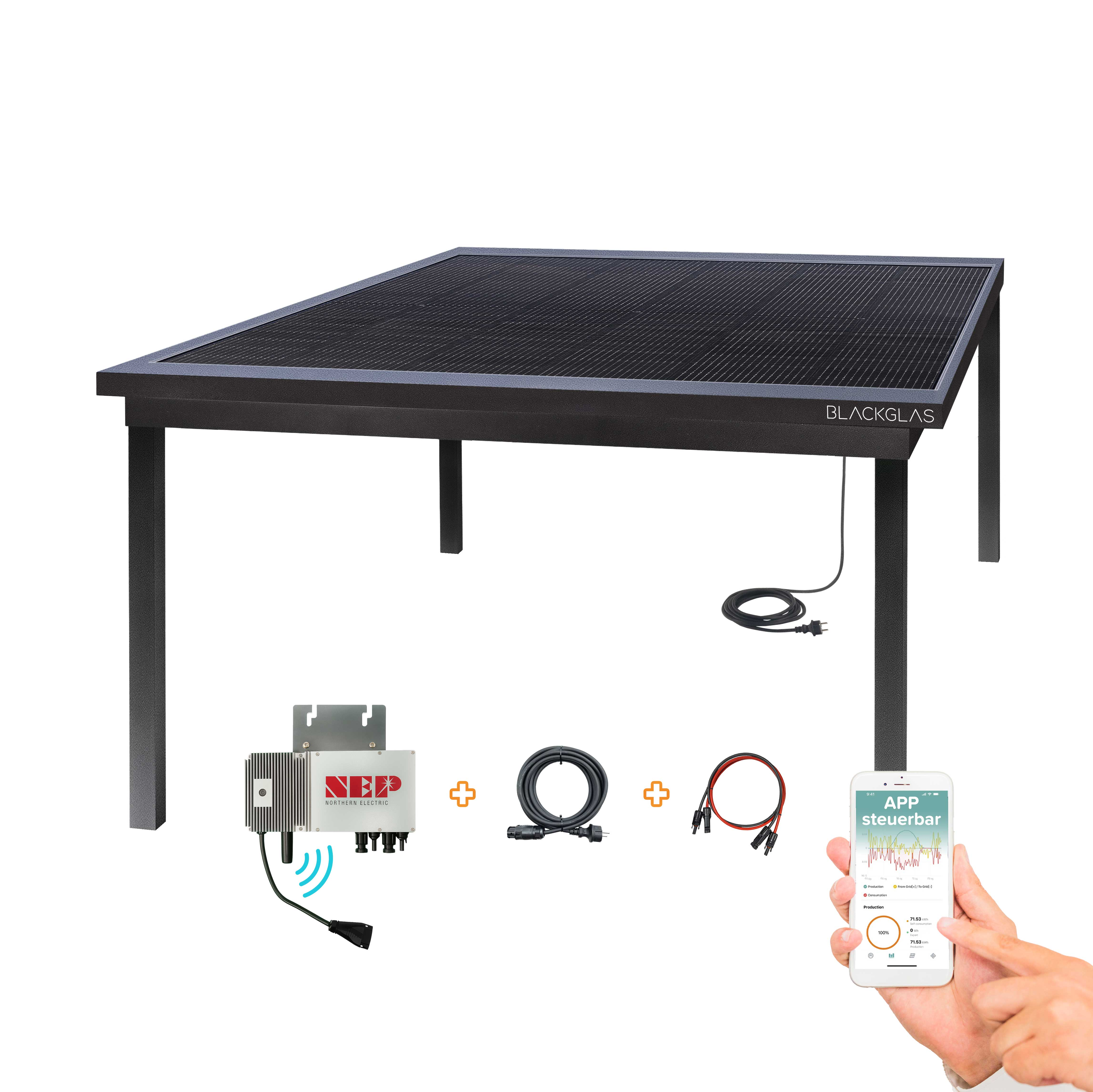 Schwarzes Solarpanel-Tischset mit Wechselrichter, Kabeln und Smartphone-App.