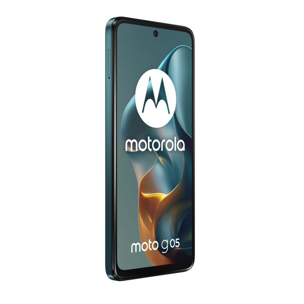 Niebiesko-zielony smartfon Motorola Moto G05 z logo na ekranie.