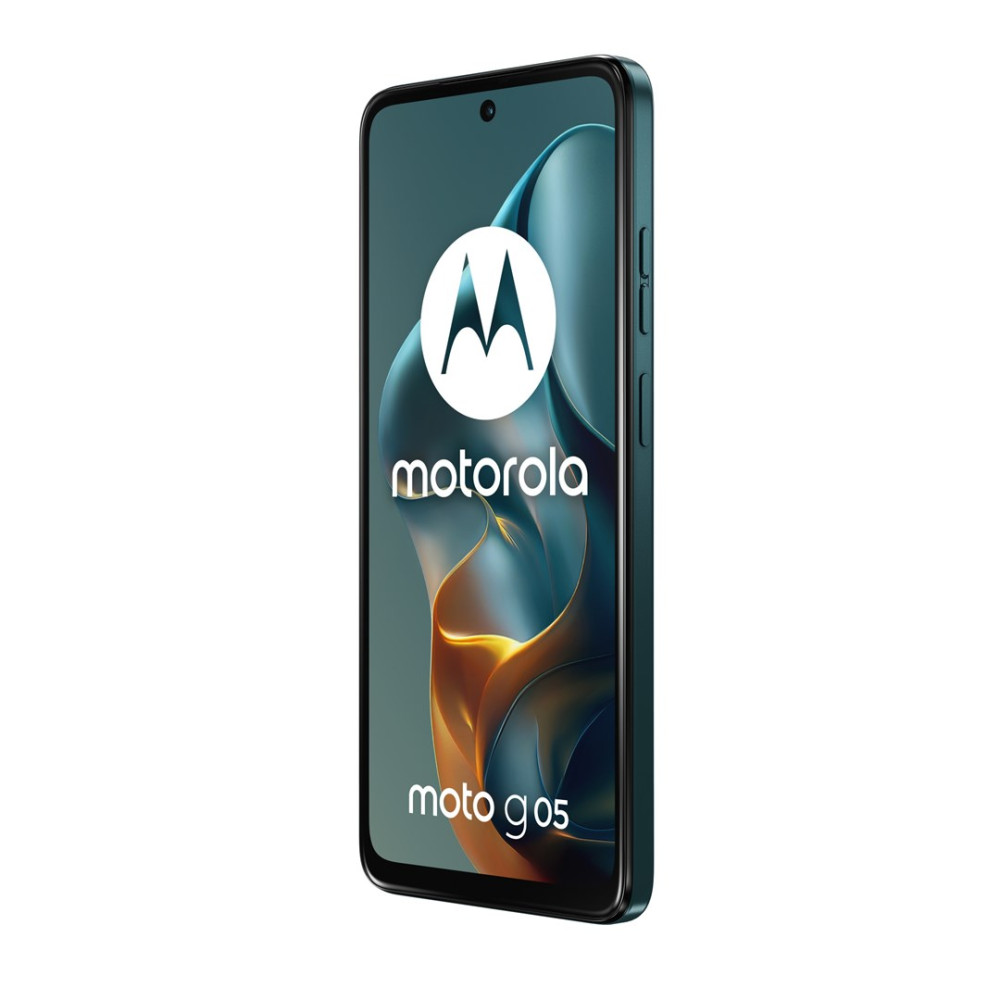 Ciemnozielony smartfon Motorola Moto G05 z okrągłym logo na ekranie.