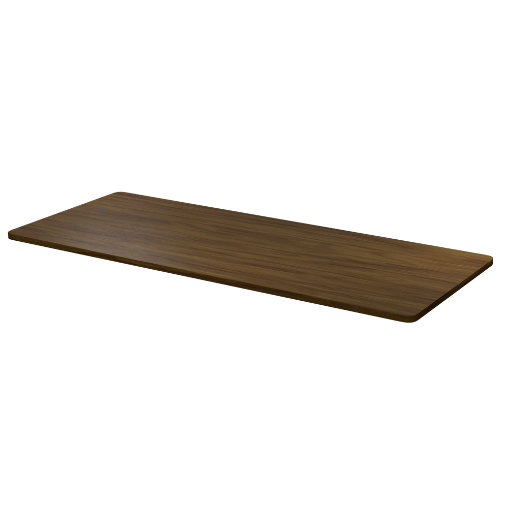 Una mesa rectangular de madera con esquinas redondeadas sobre fondo negro.