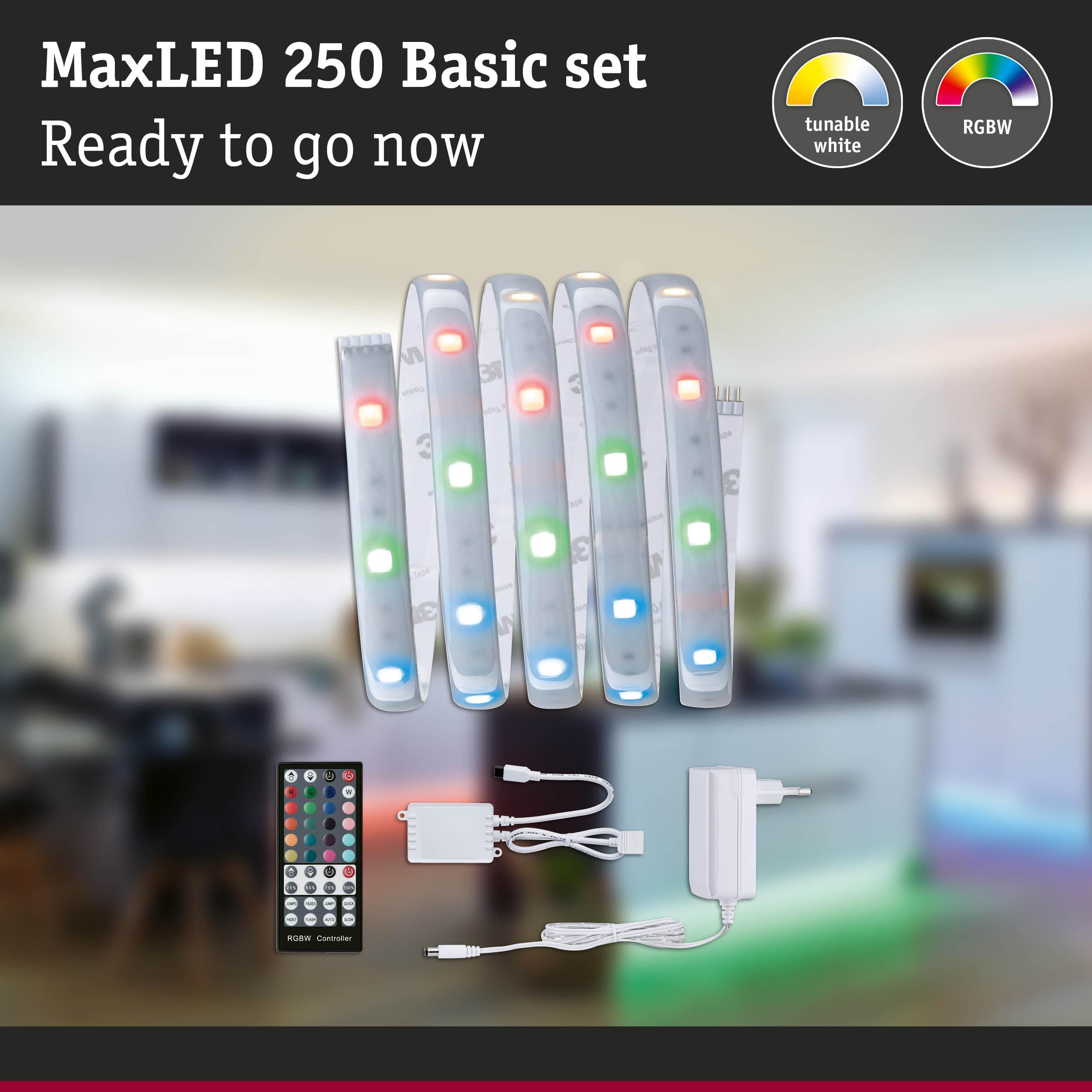 MaxLED 250 Basic Set mit Fernbedienung, Controller und Netzteil.