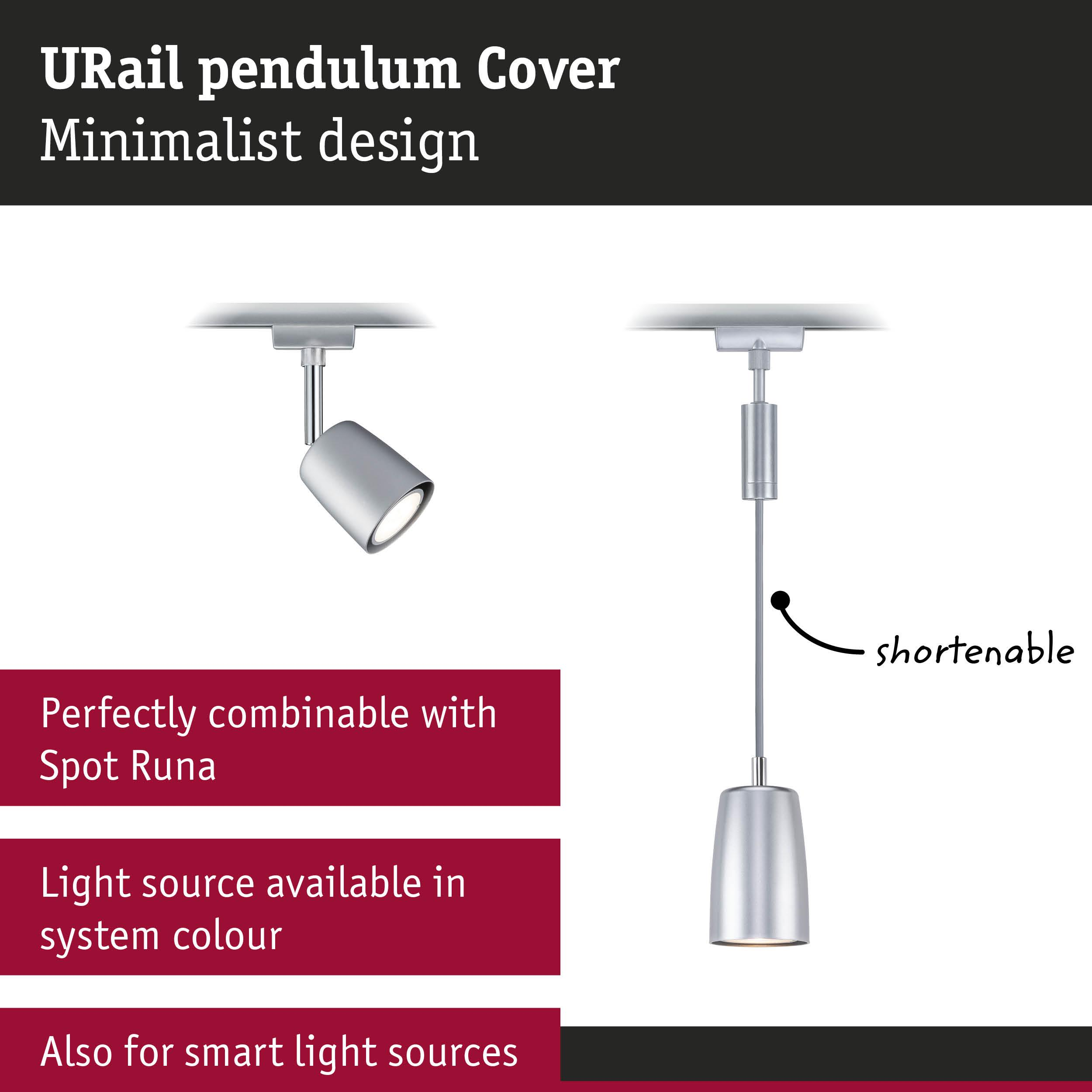 Silberne URail Pendelleuchte im minimalistischen Design, höhenverstellbar gezeigt.