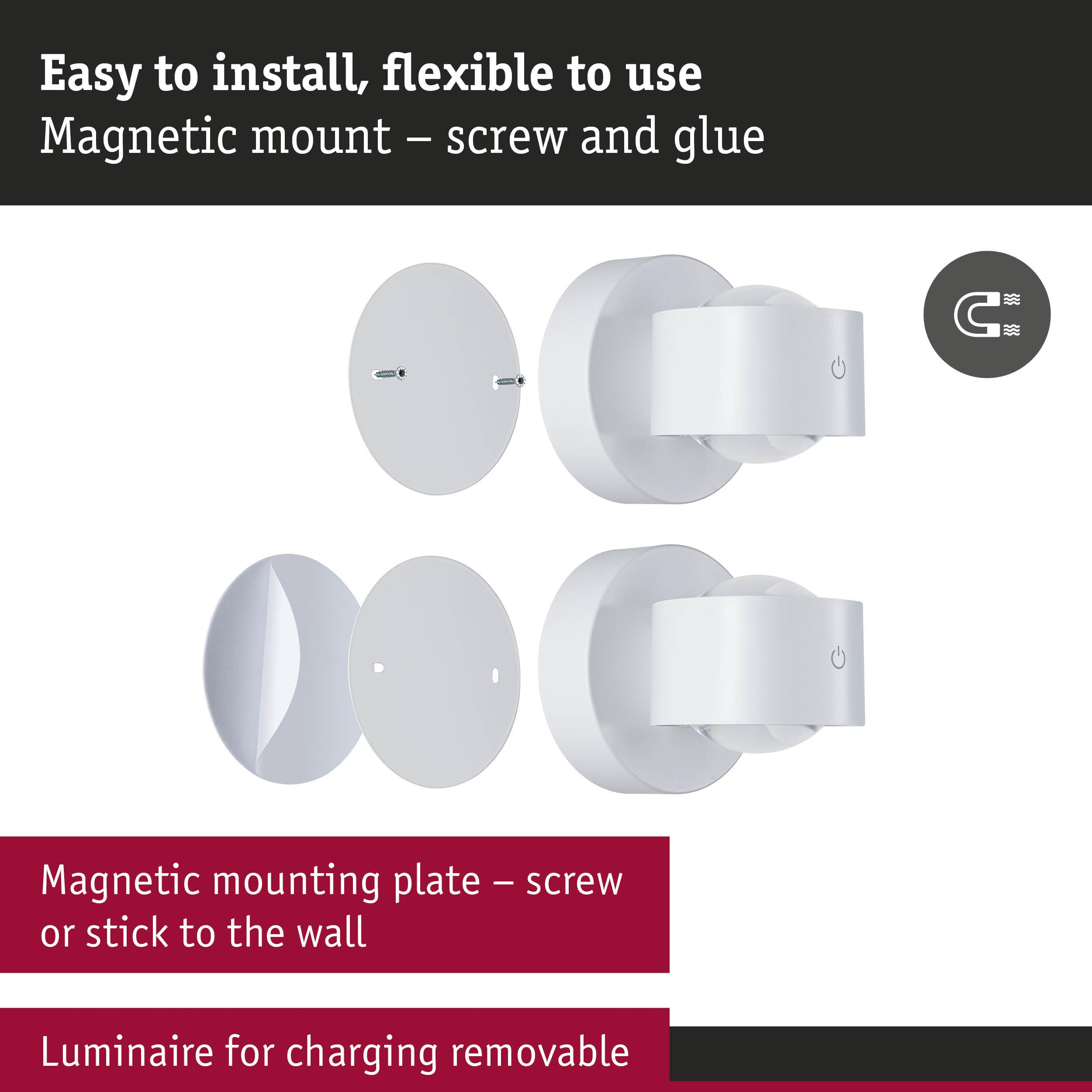 Białe magnetyczne płytki montażowe ze śrubami i lampami z symbolem zasilania.