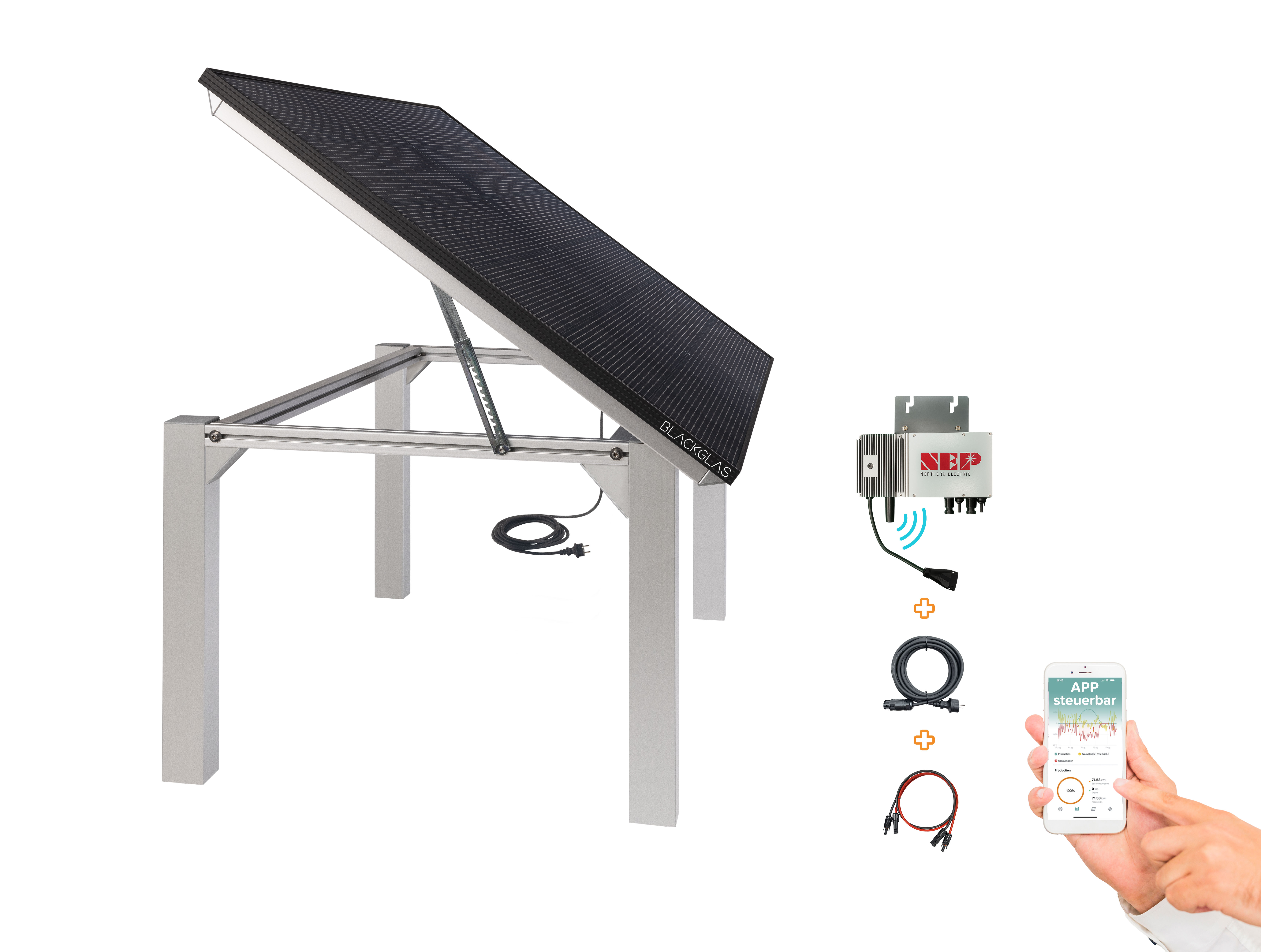 Solarpanel auf Ständer mit Netzteil, Kabeln und Smartphone-App.