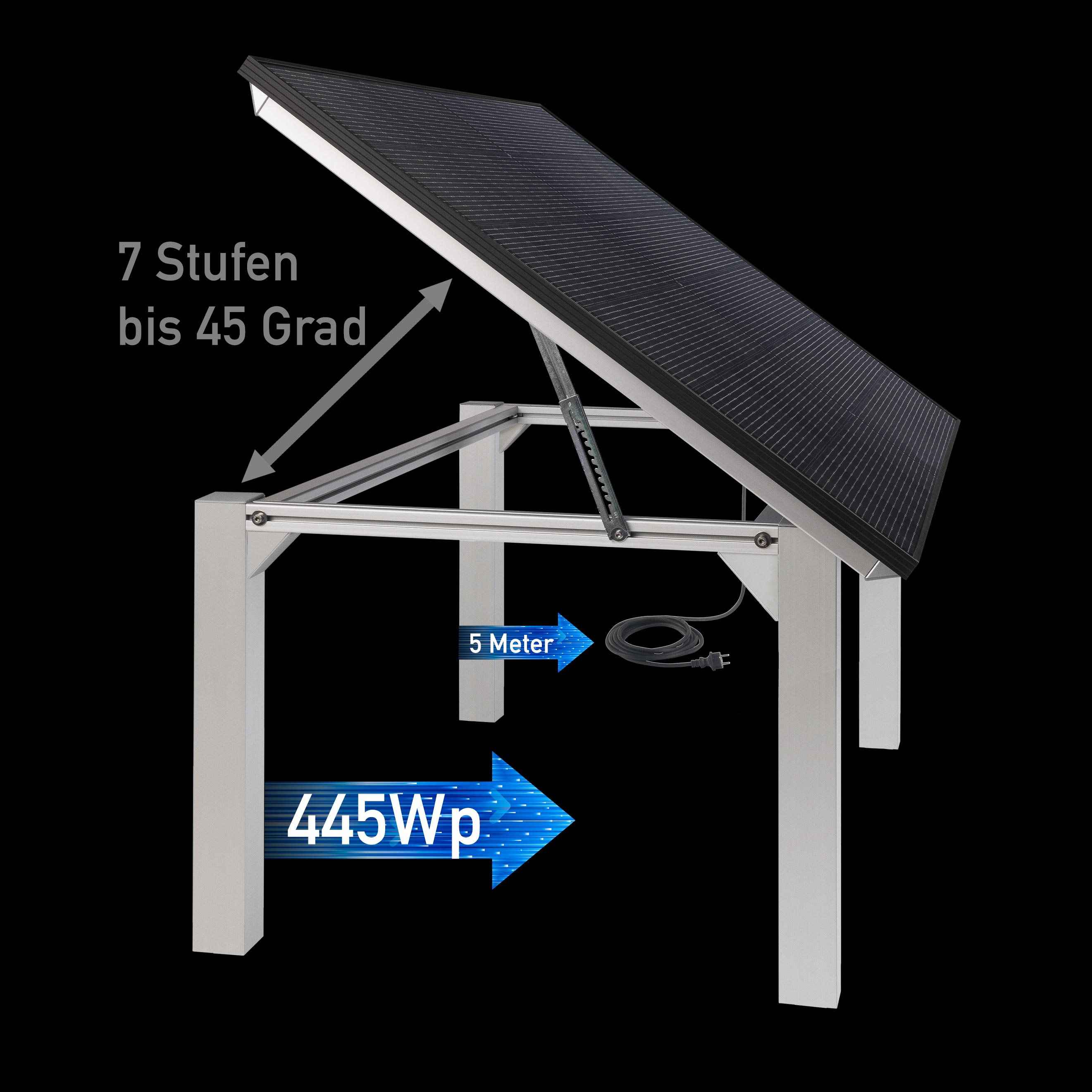 Solarpanel auf einem Ständer, bis zu 45 Grad neigbar, 5 Meter Kabel, 445 Wp.