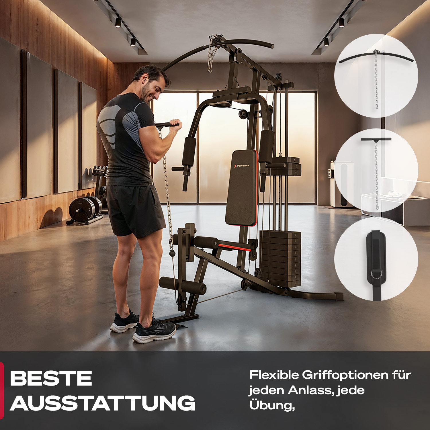 Mann trainiert an einer Hantelbank im Fitnessstudio mit Gewichten.