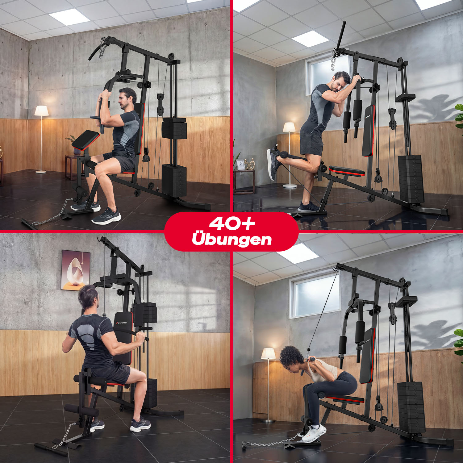 Ein Mann trainiert an einer Heimfitnessstation, die verschiedene Übungen ermöglicht.