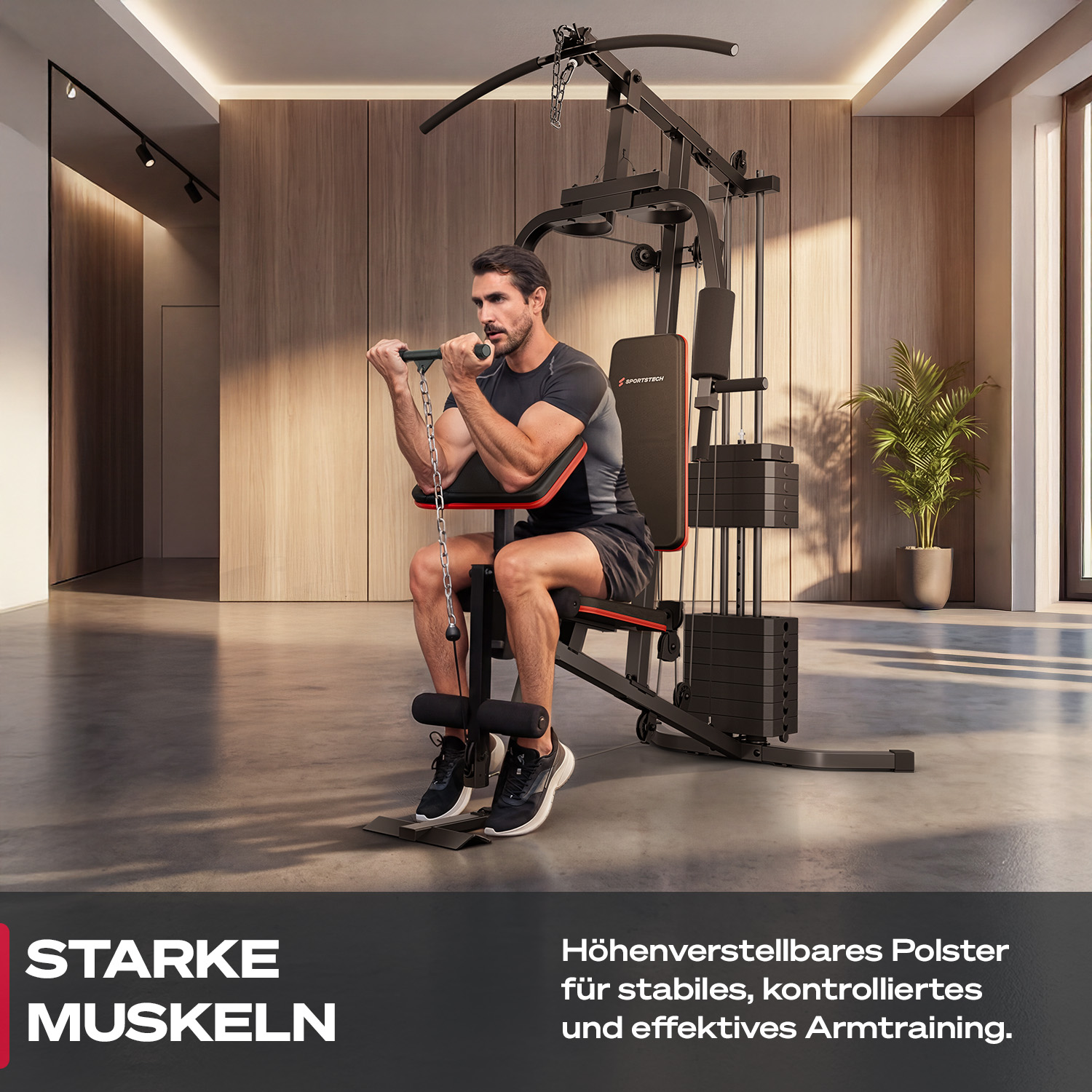 Ein Mann trainiert Bizeps an einer schwarzen Hantelbank in einem modernen Fitnessstudio.