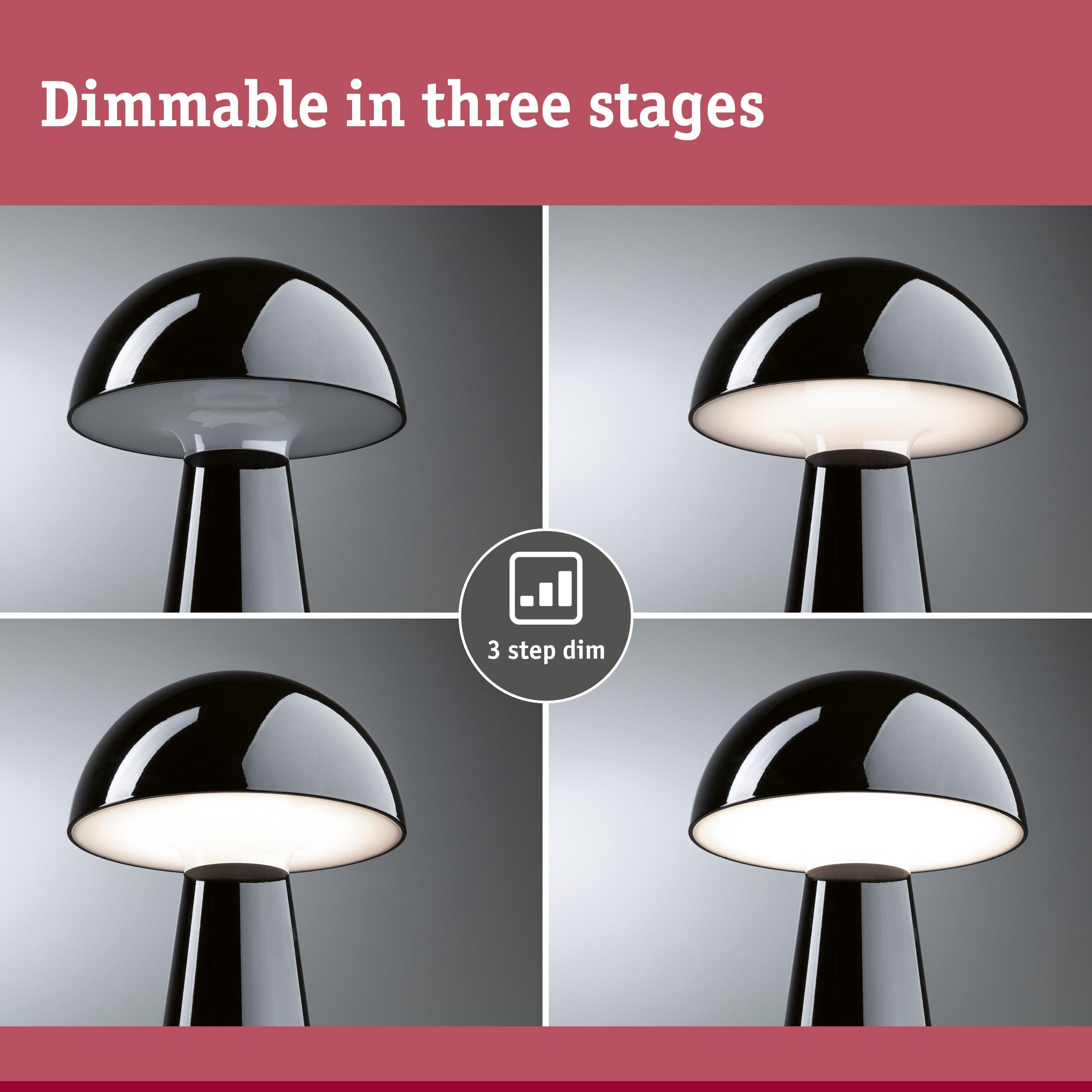 Czarna lampa grzyb w trzech stopniach przyciemnienia.