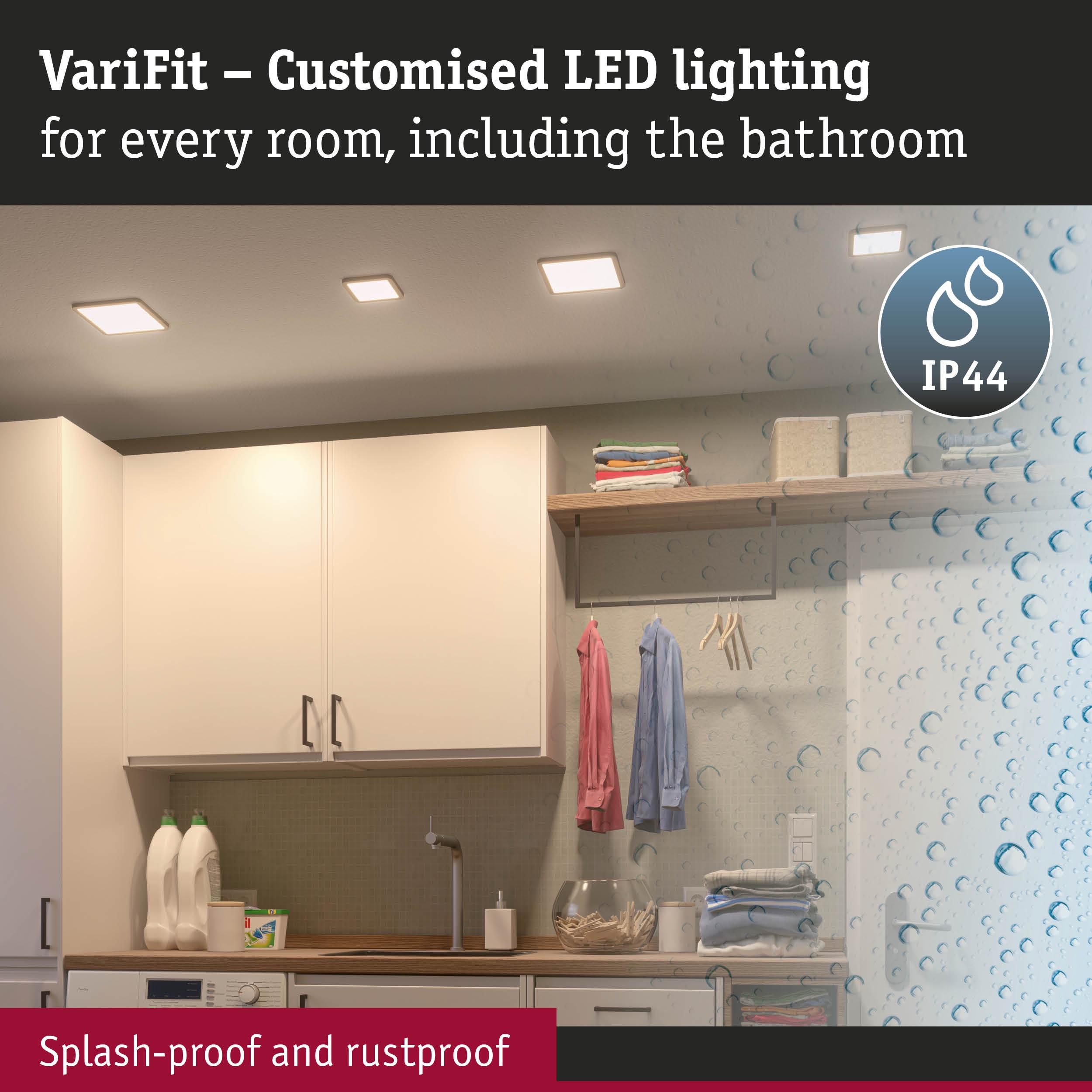 Badezimmer mit IP44 LED-Leuchten, Waschmaschine und Wäsche.