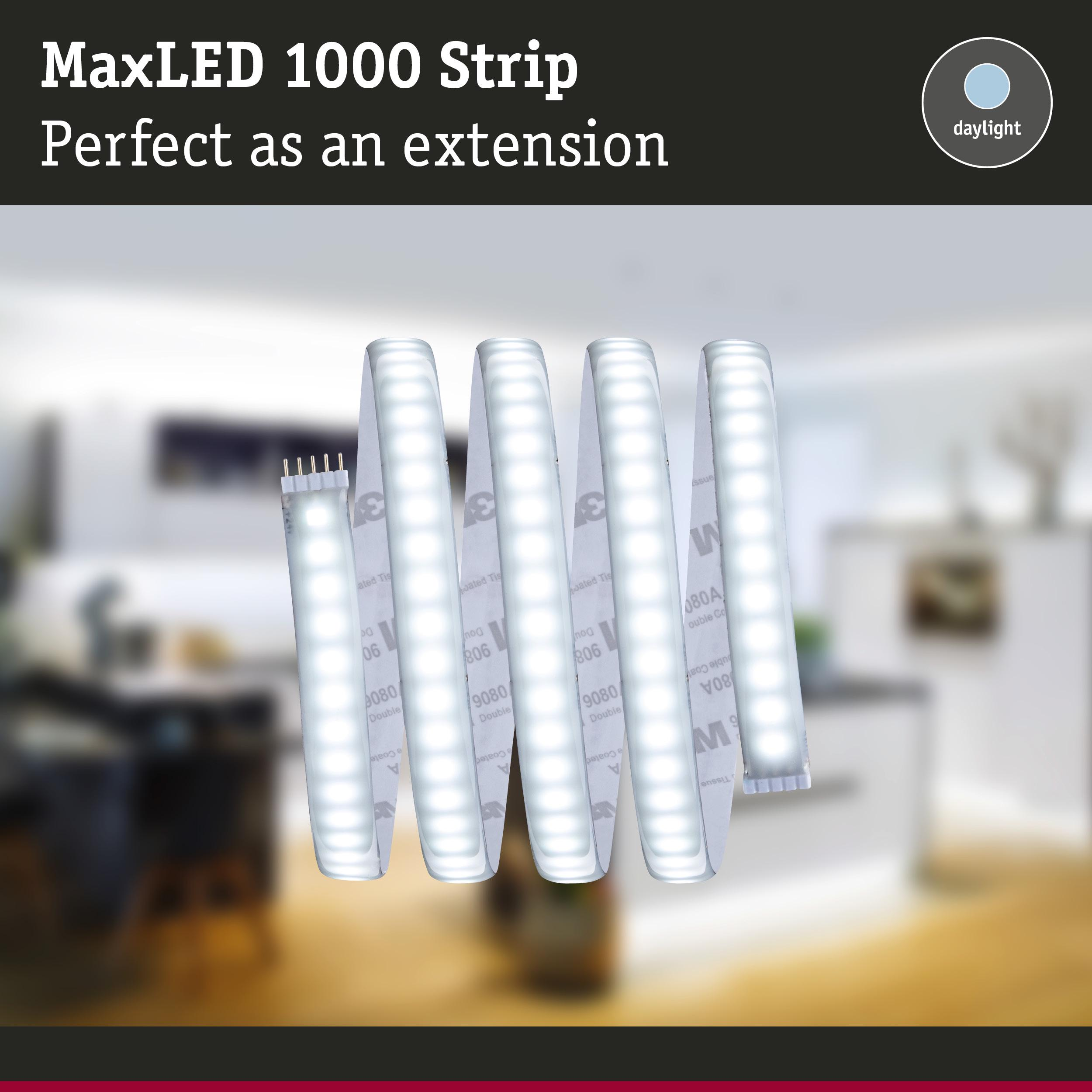 Eine gewickelte LED-Streifenleiste mit weißen LEDs und einem Anschluss. Im Hintergrund unscharf.