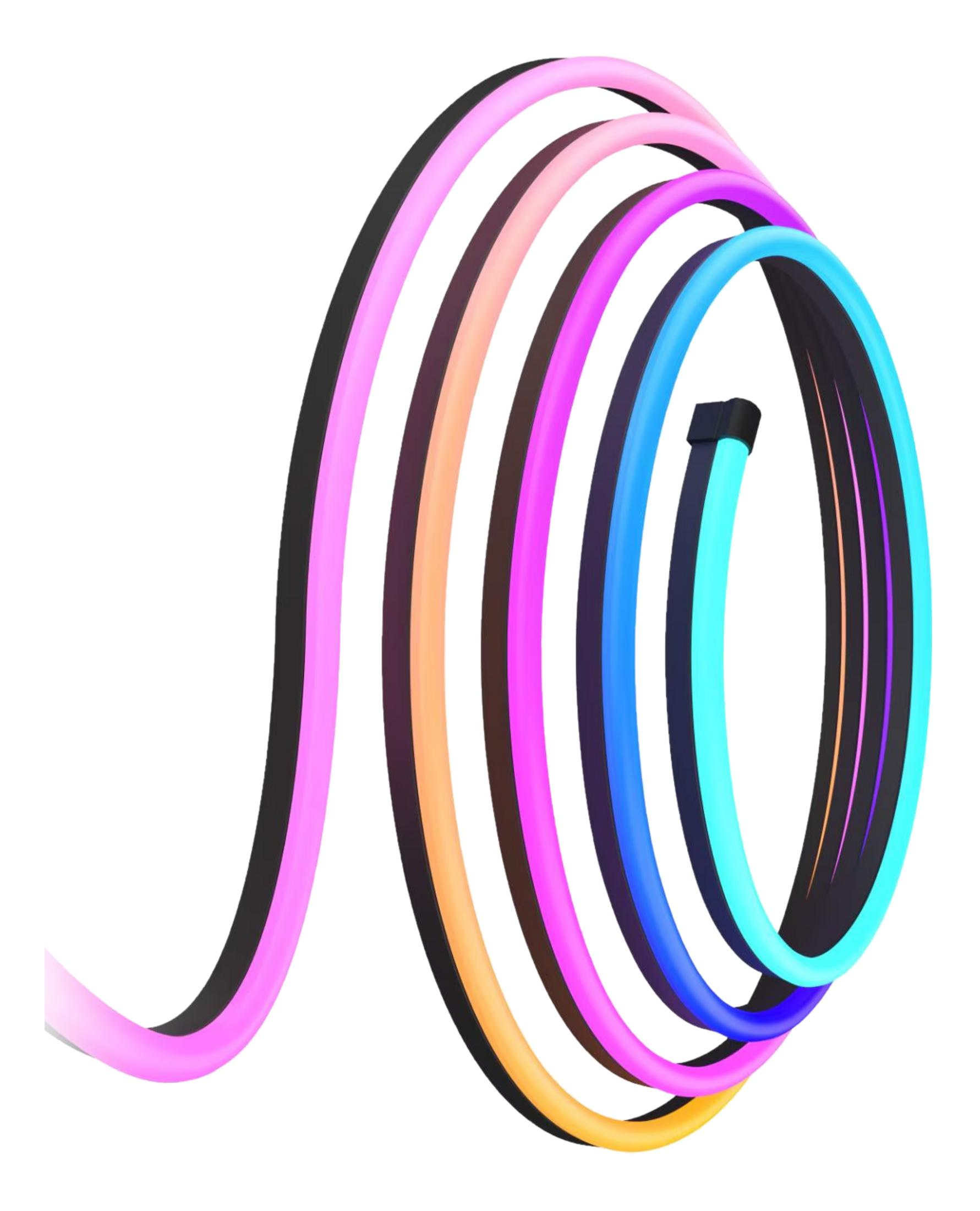 Une bande lumineuse néon multicolore formant une spirale.