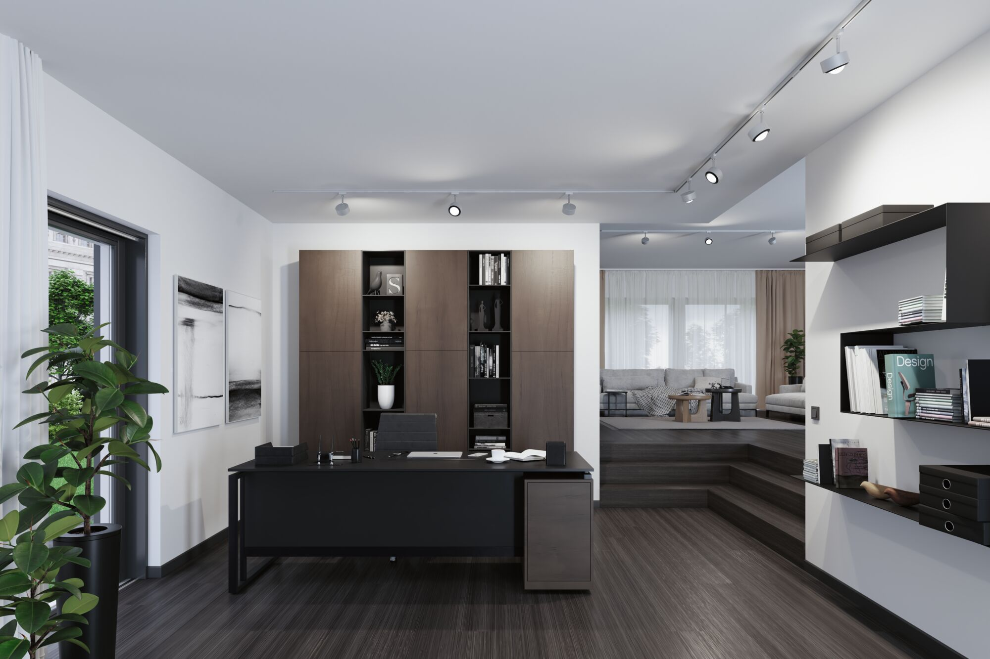 Modernes Büro mit schwarzem Schreibtisch, Holzregalen und Sofa im Hintergrund.