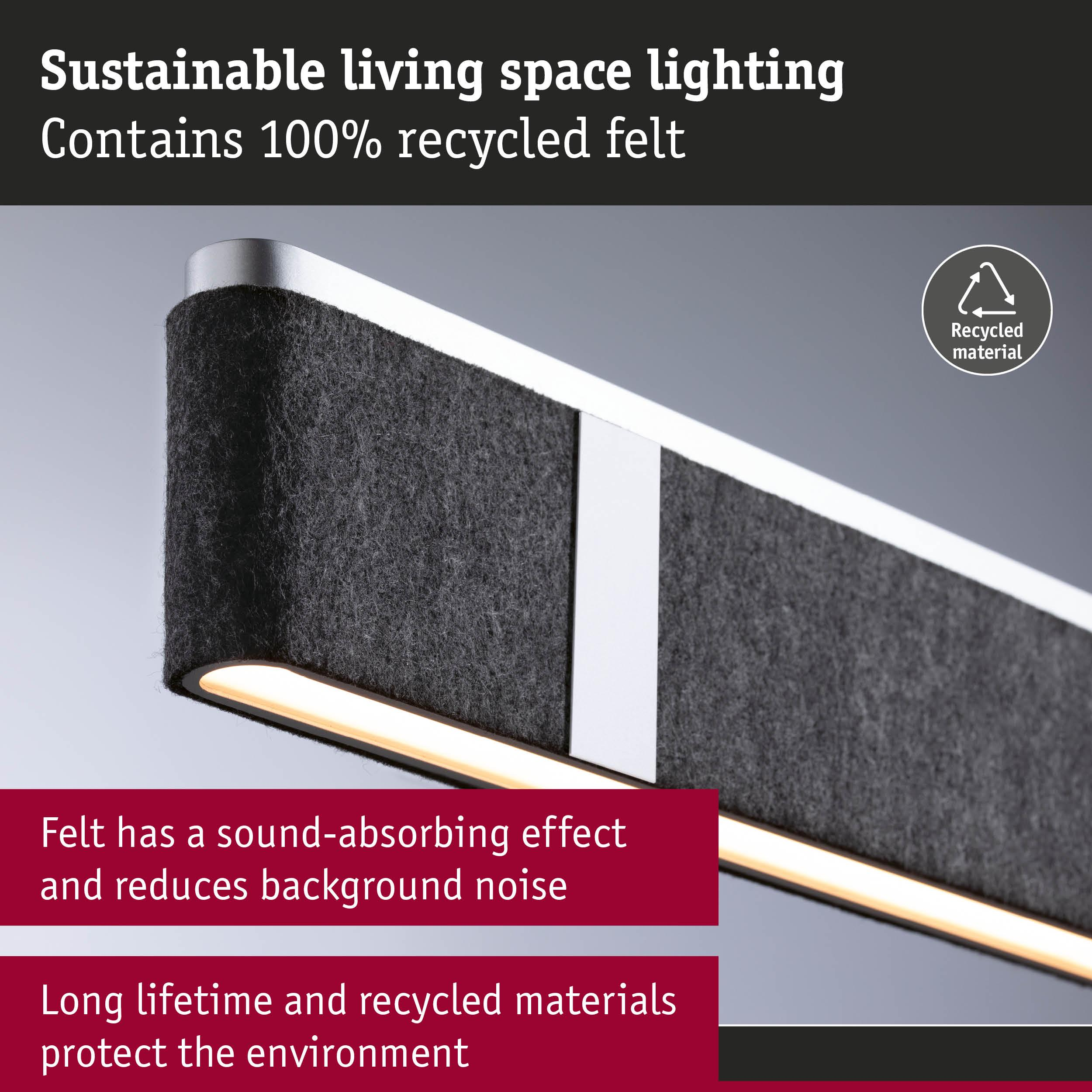 Ciemnoszara lampa filcowa z symbolem materiału z recyklingu. Zrównoważone oświetlenie.