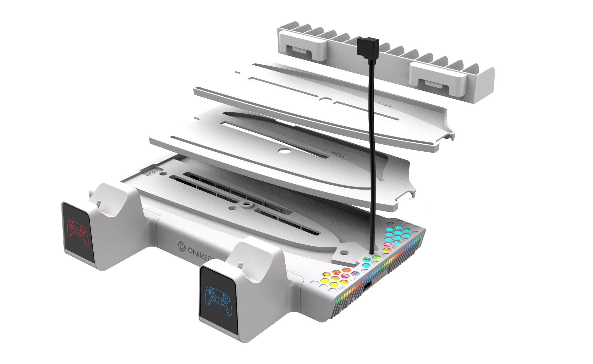 Un set de soporte gaming blanco con bases de carga para mandos y luces RGB.