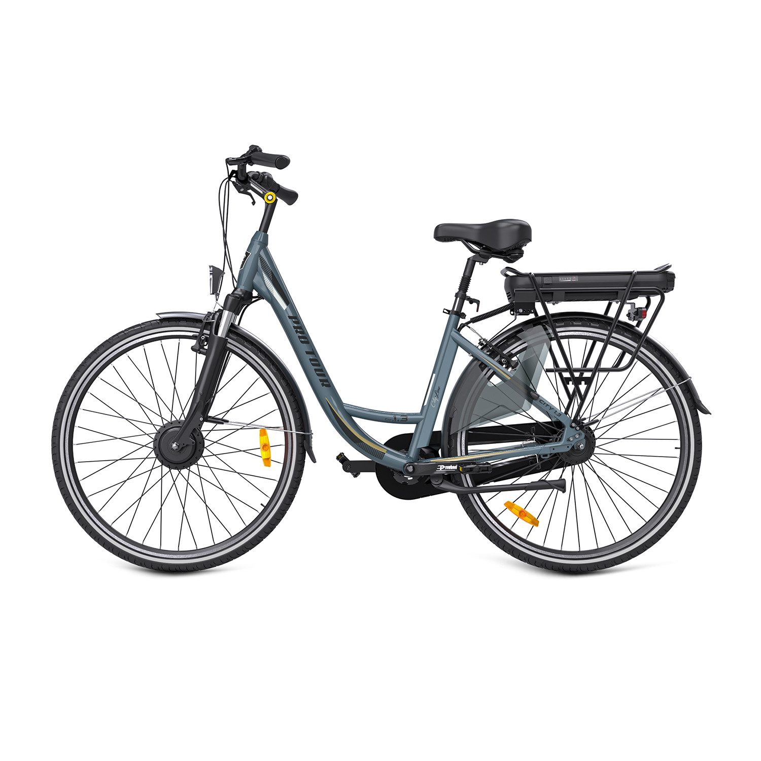 Graues E-Bike mit Gepäckträger und Akku, freigestellt auf weißem Hintergrund.