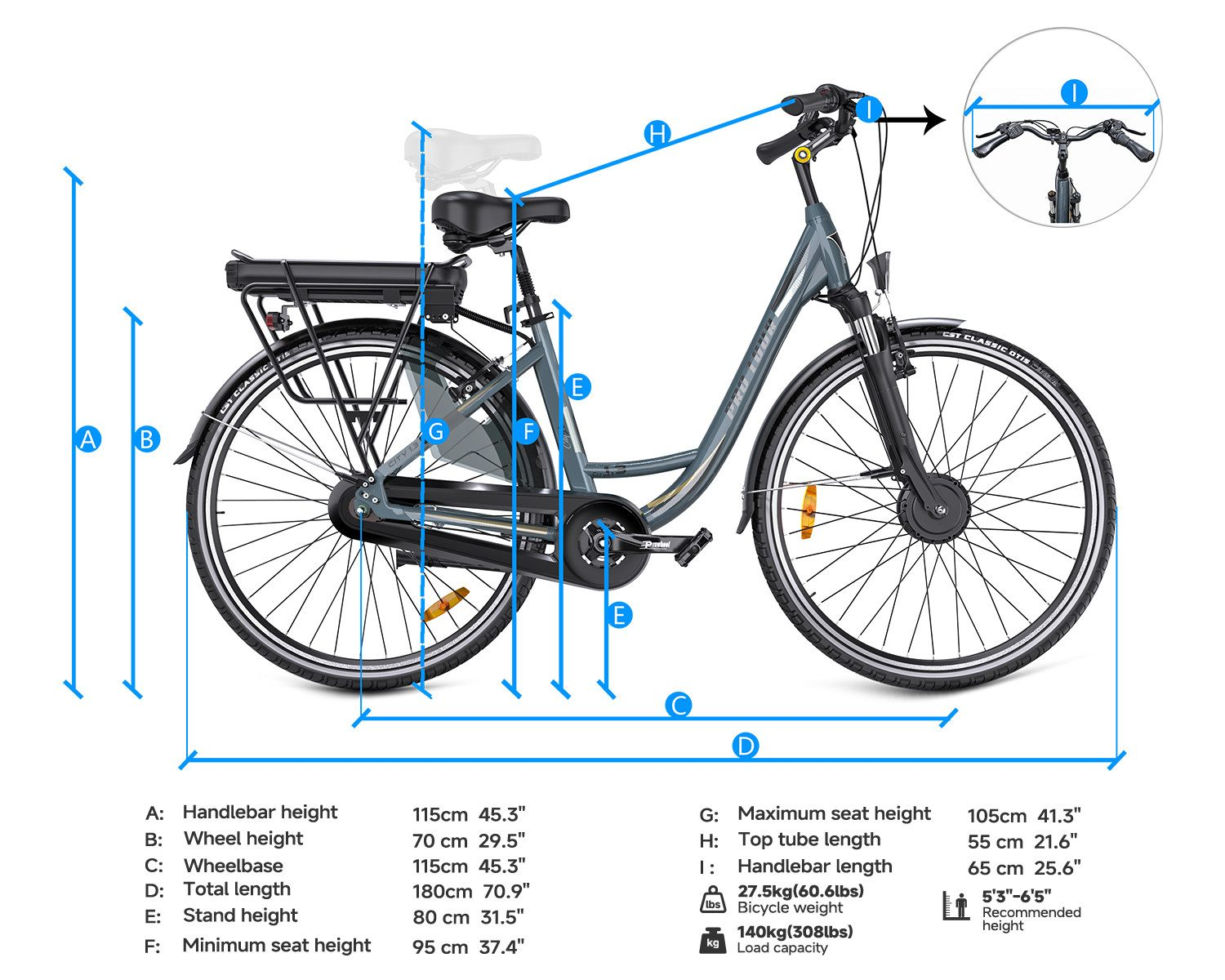 Graues Fahrrad mit Maßen und Beschriftungen für verschiedene Teile.
