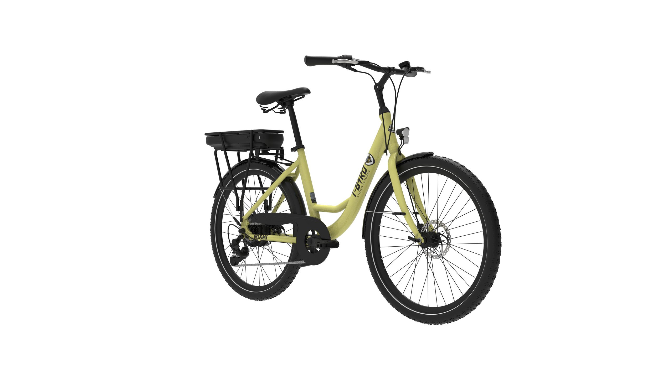 Ein hellgelbes E-Bike mit Gepäckträger und schwarzem Sattel.
