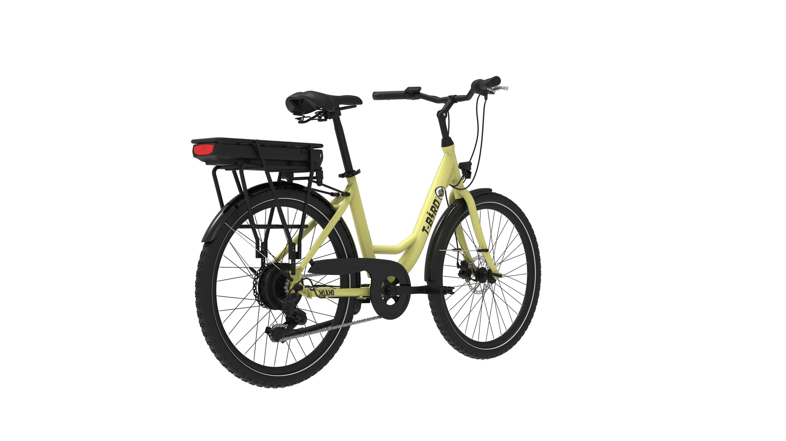 Ein gelbes E-Bike mit schwarzem Gepäckträger und Akku.