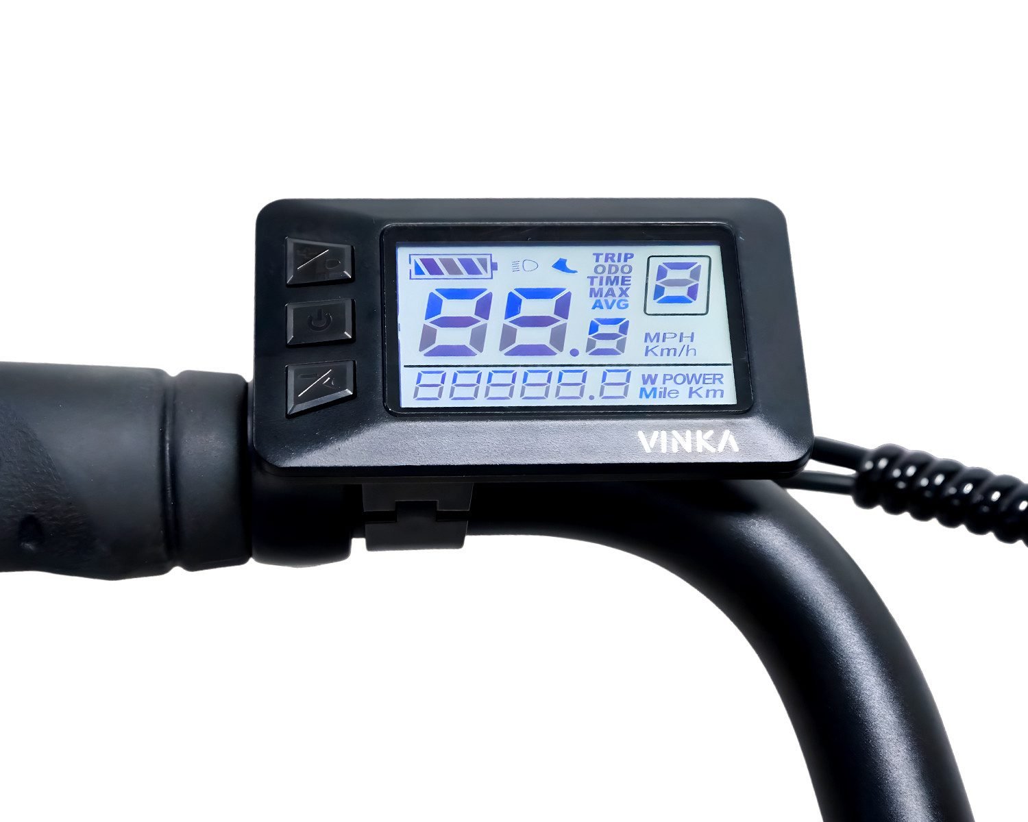 Display e-bike con velocità, contachilometri e livello batteria.