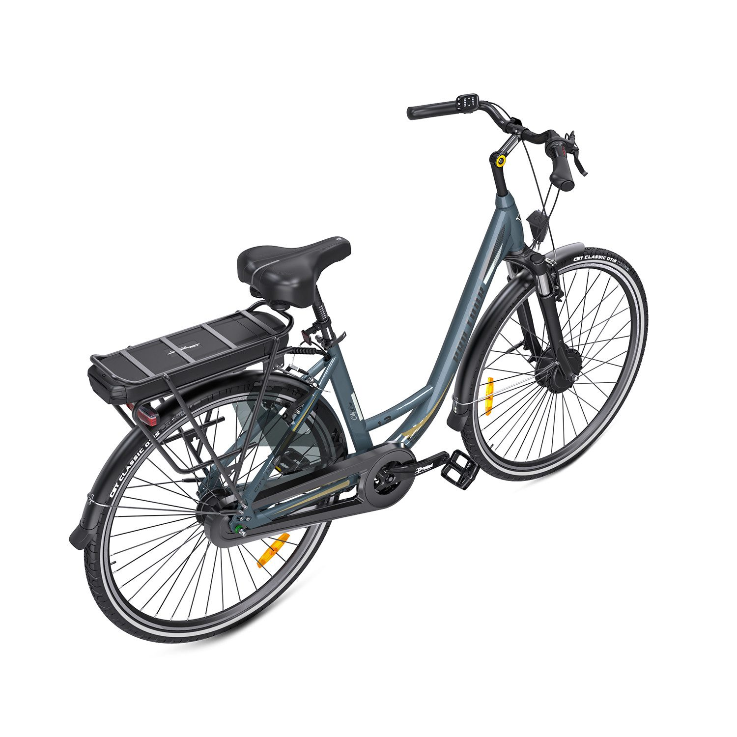 Ein graues E-Bike mit Gepäckträger und Akku steht vor weißem Hintergrund.