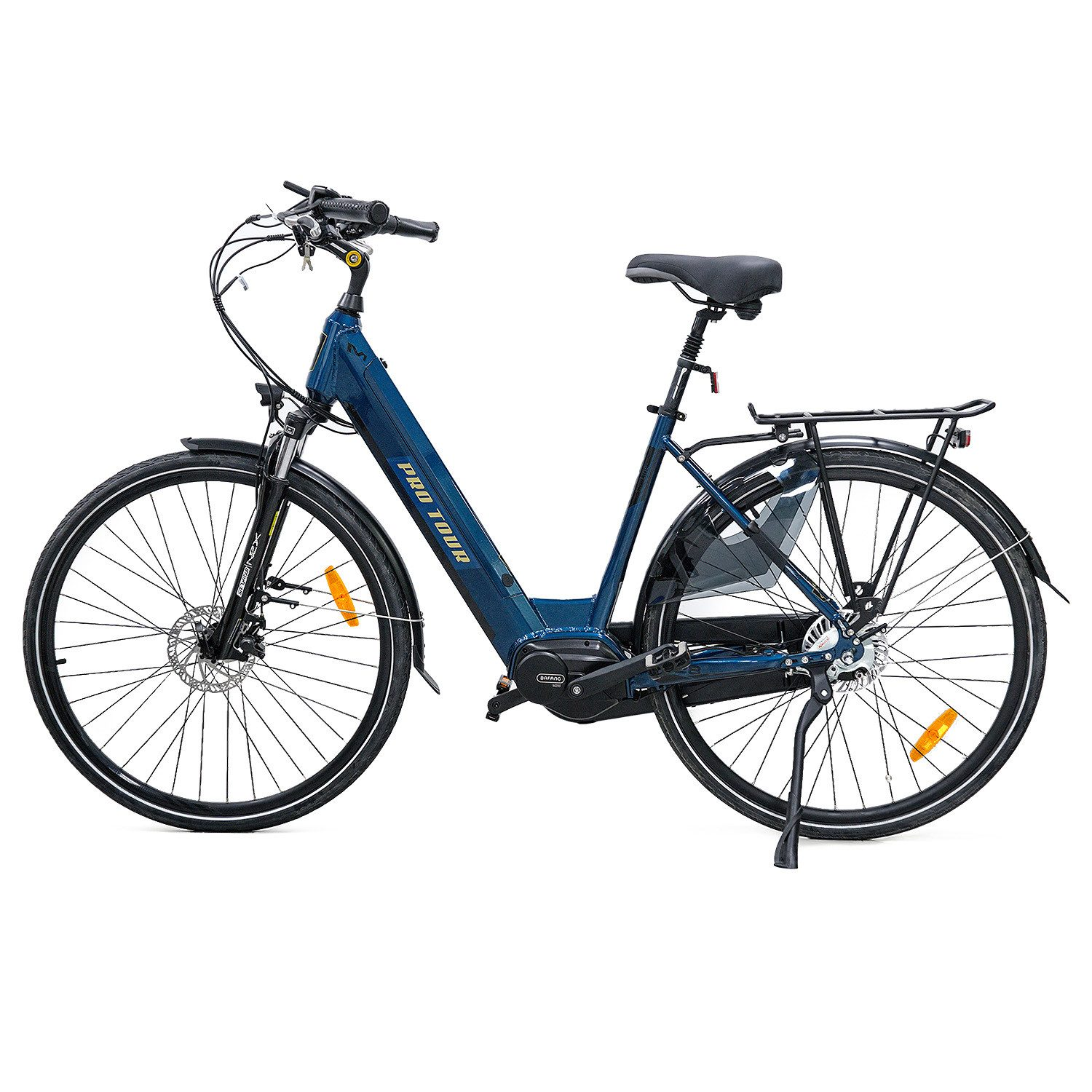 Ein blaues E-Bike mit Gepäckträger hinten und Ständer ist abgebildet.