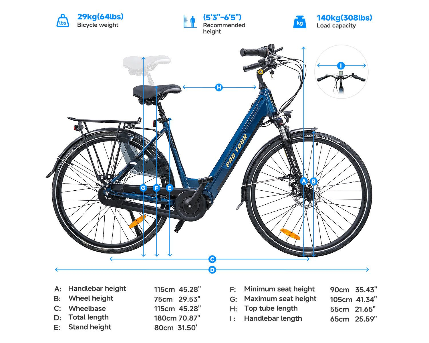 Blaues Fahrrad mit Maßangaben für Höhe, Länge und Gewicht.