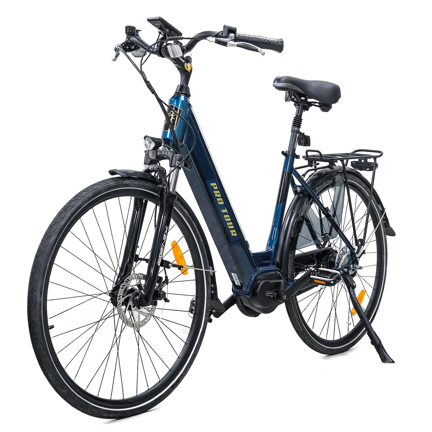 Dunkelblaues E-Bike mit Vorderradfederung, Gepäckträger und Ständer.