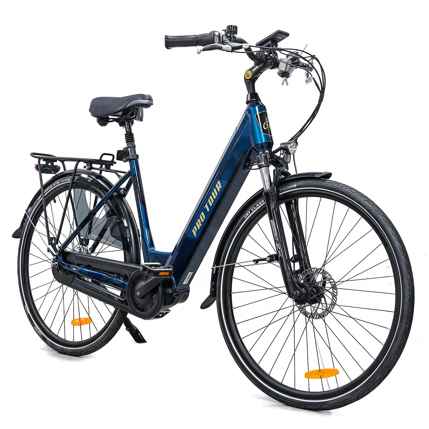Ein blaues E-Bike mit schwarzem Sitz, silbernem Gepäckträger und "PRO TOUR" Schriftzug.