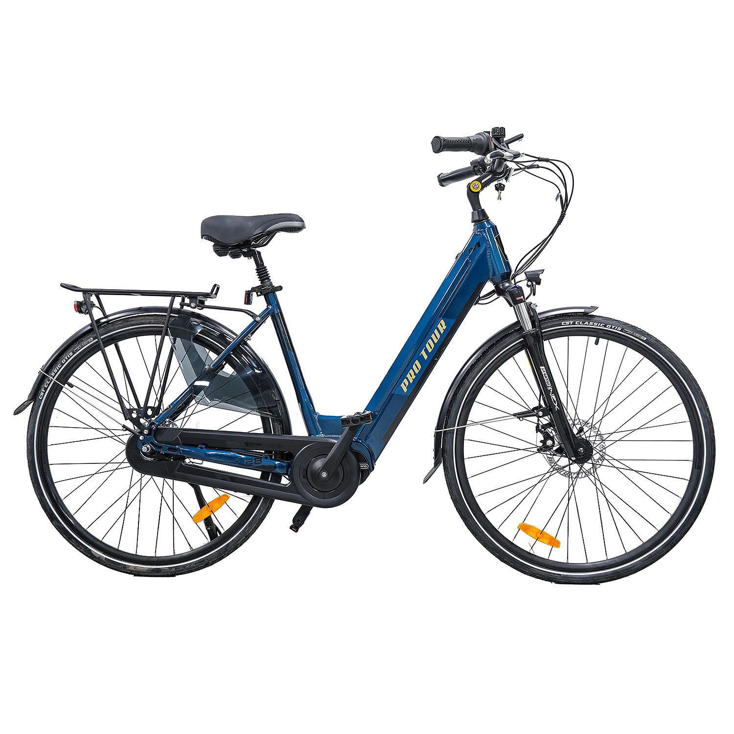 Ein dunkelblaues E-Bike mit Gepäckträger und "PRO TOUR" Aufschrift.