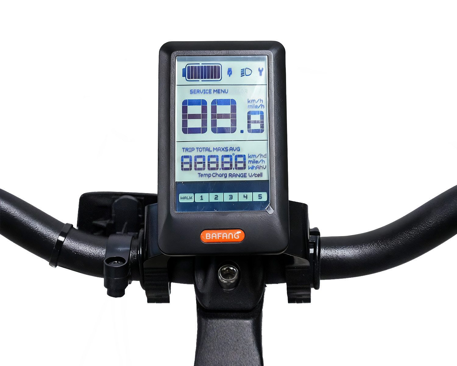 Nahaufnahme des LCD-Displays eines E-Bikes mit Geschwindigkeit, Fahrtdaten und Akkustand.