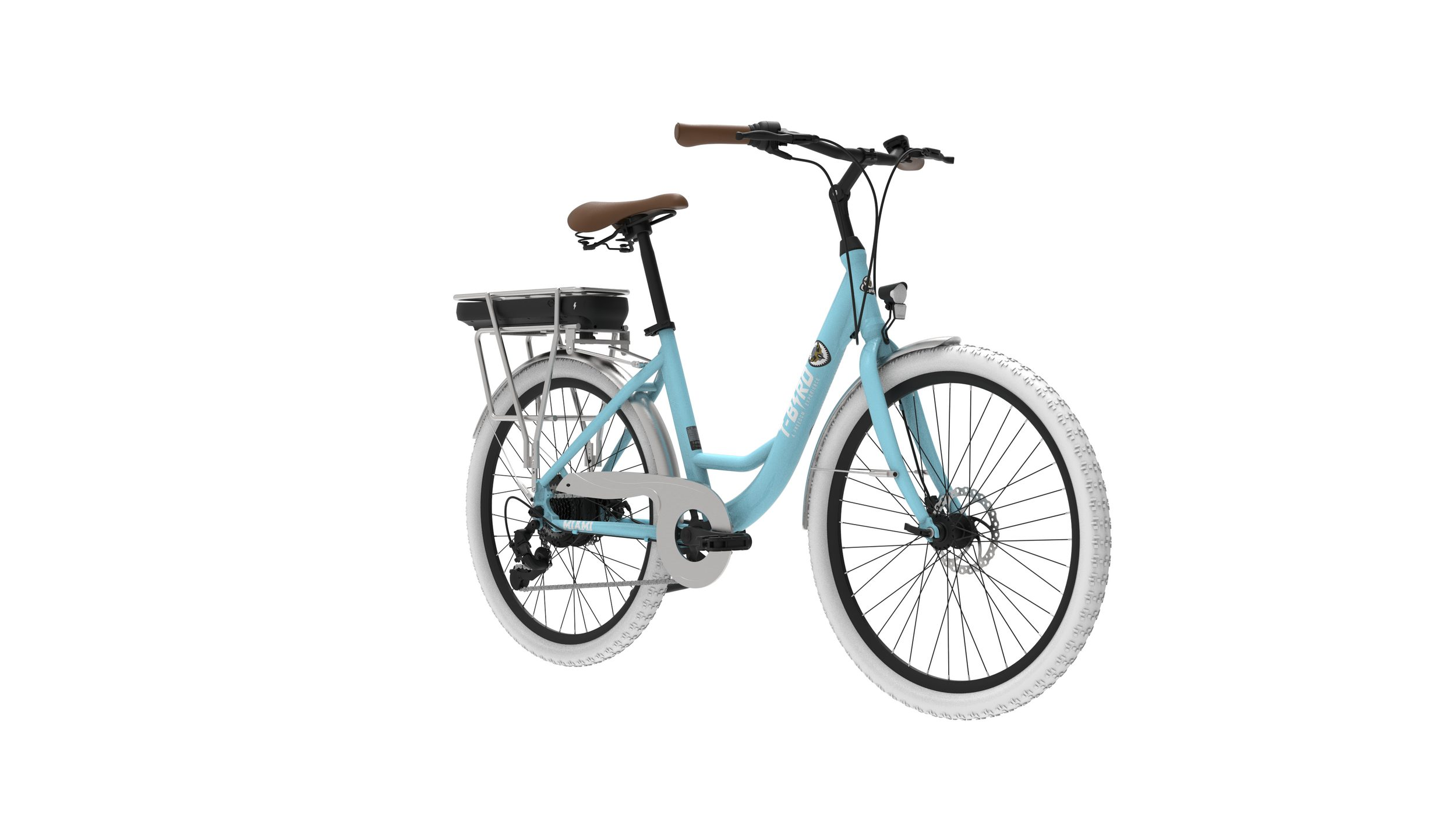 Una bicicletta azzurra con sella e manopole marroni, pneumatici bianchi e portapacchi.