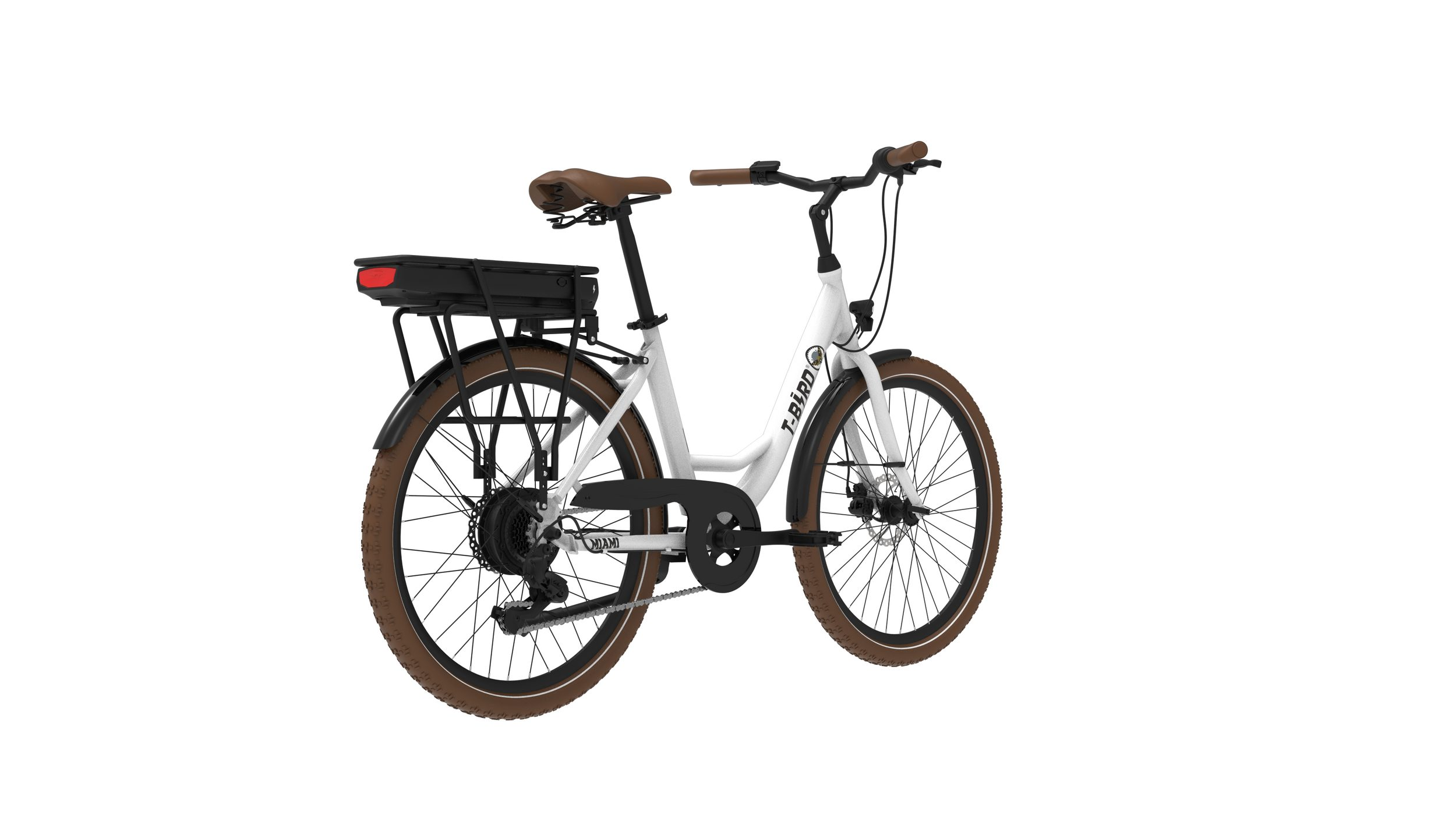 Ein weißes E-Bike mit braunen Reifen, braunem Sattel und schwarzem Gepäckträger.