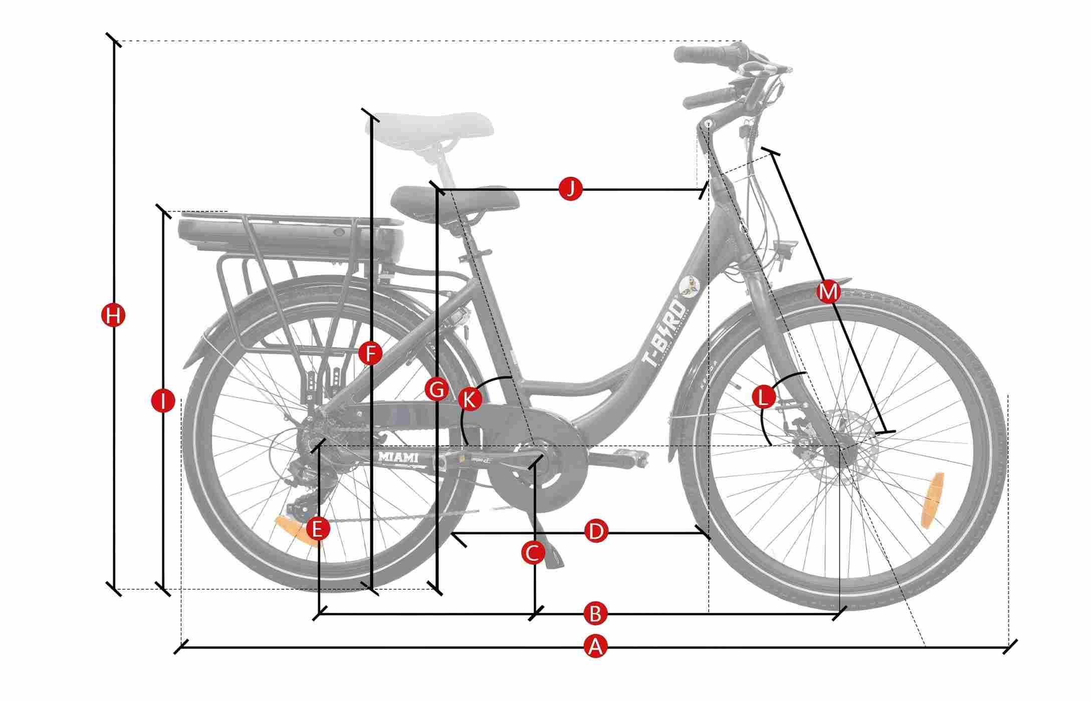Vista laterale di una e-bike nera con linee di misurazione e lettere.