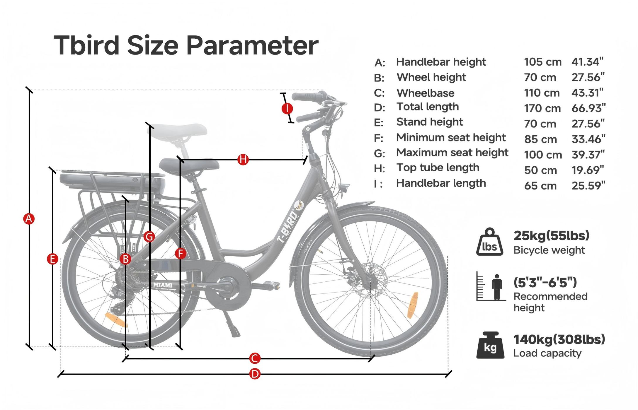 Diagramma che etichetta le dimensioni della bicicletta, il peso e l'altezza consigliata.
