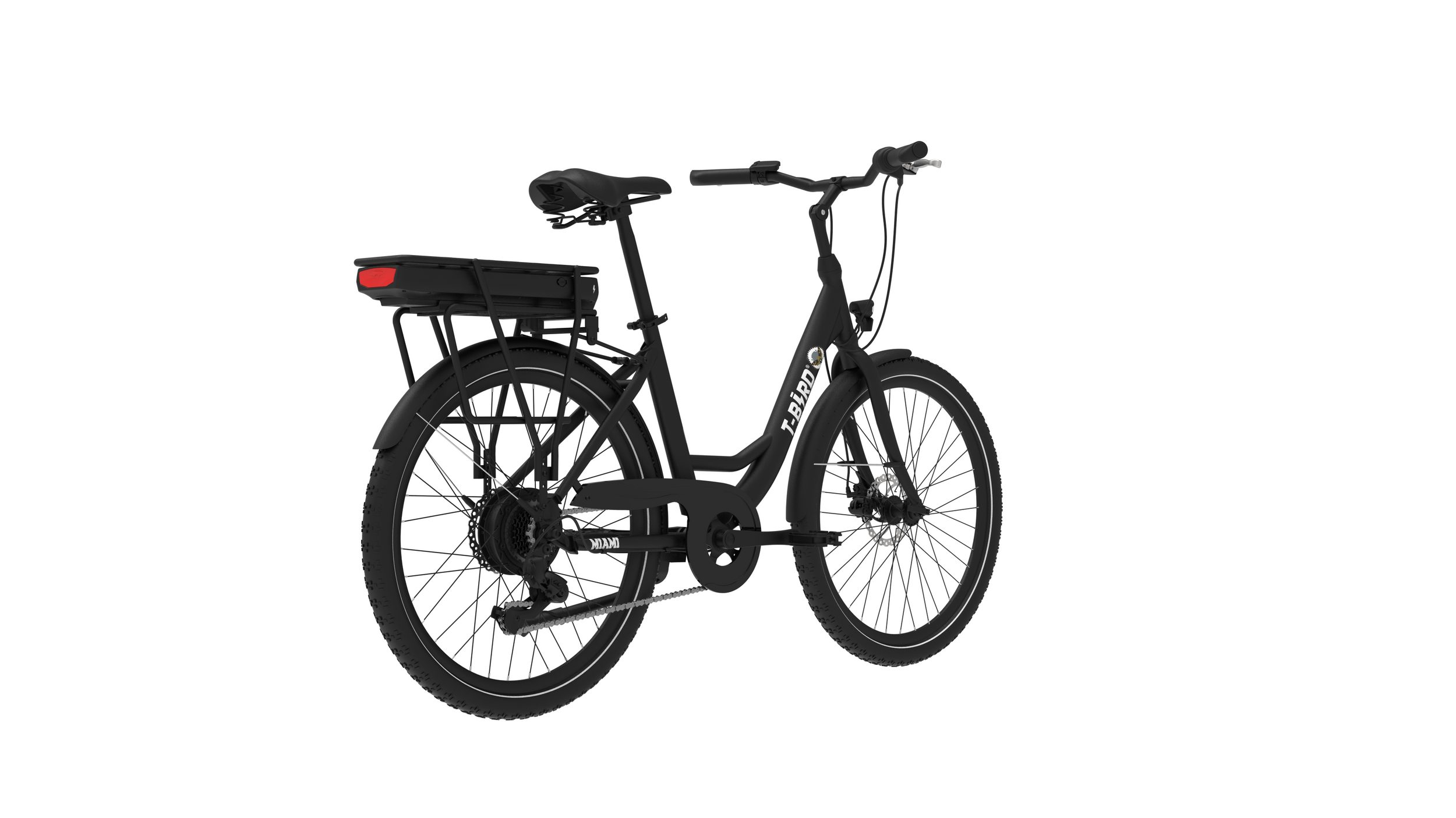 Bicicletta elettrica nera con portapacchi, batteria e faro su sfondo bianco.