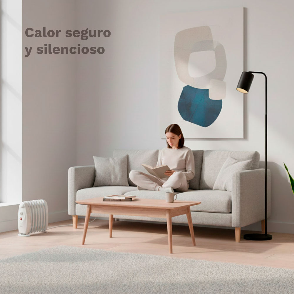 Mujer leyendo en sofá, calefactor y lámpara en sala moderna.