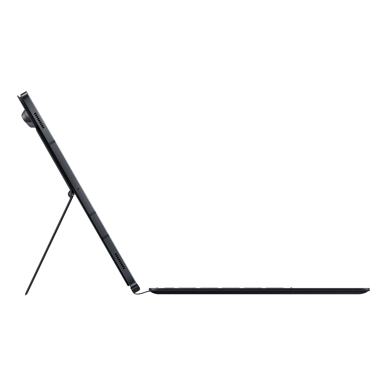 Una tableta negra con soporte y teclado sobre fondo blanco.