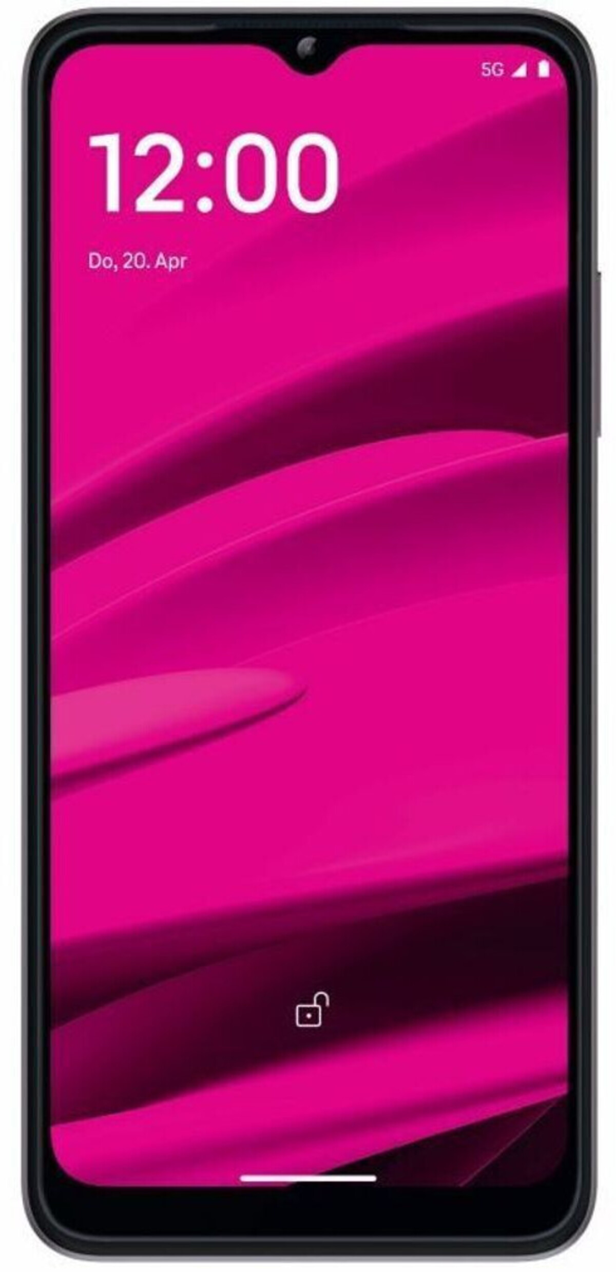 Smartphone mit pinkem Hintergrund, Uhrzeit 12:00, Datum 20. April.