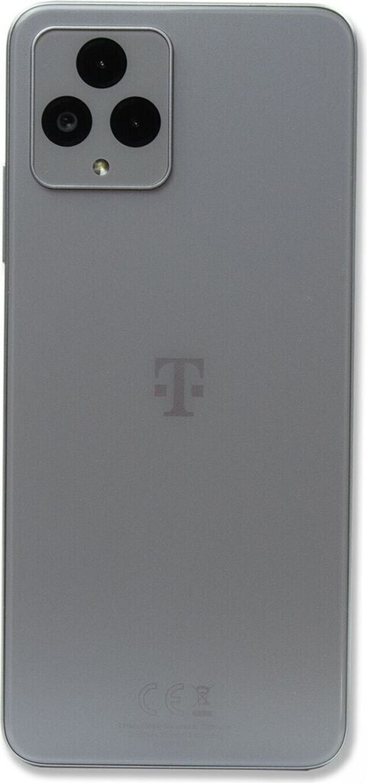 Rückseite eines grauen Smartphones mit drei Kameras und dem T-Mobile-Logo.