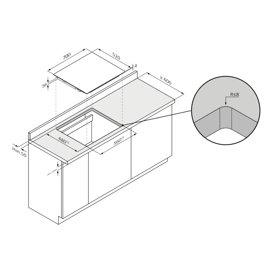 Disegno tecnico di un piano cottura con dimensioni di installazione.