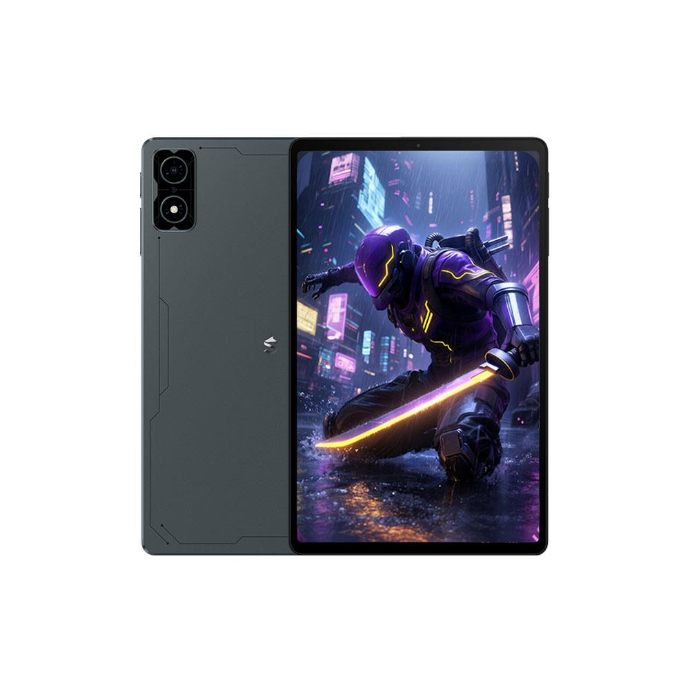 Tablet grigio scuro mostra un cyborg in armatura viola con spada luminosa.