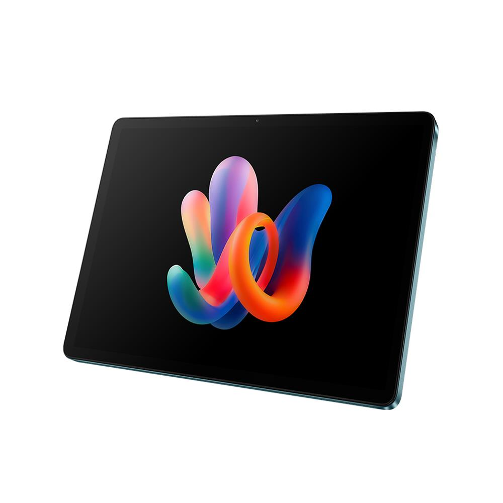 Un tablet con uno sfondo astratto colorato. Sfondo bianco.