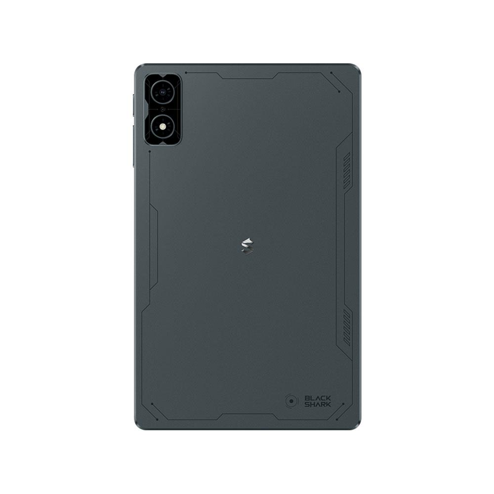 Retro di un tablet scuro con due fotocamere e logo.