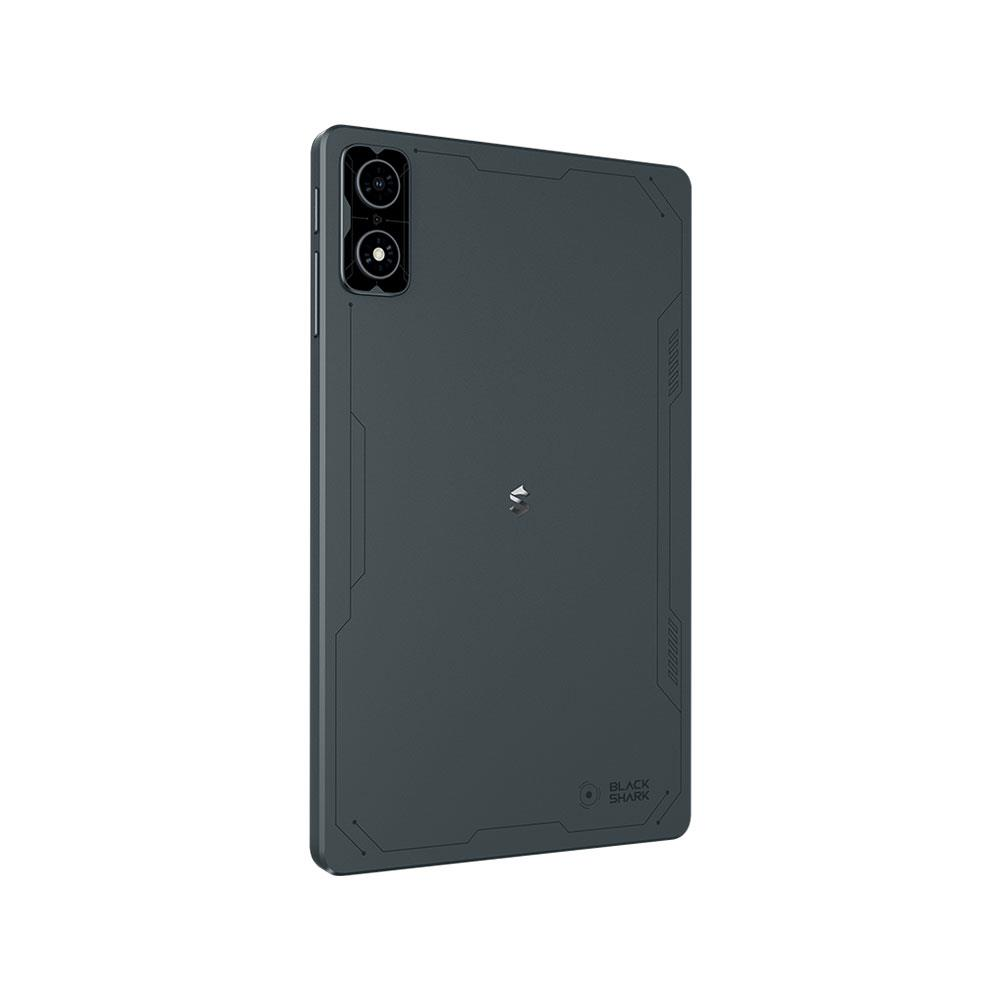 Tablet grigio scuro con due fotocamere in alto a sinistra e logo in basso a destra.