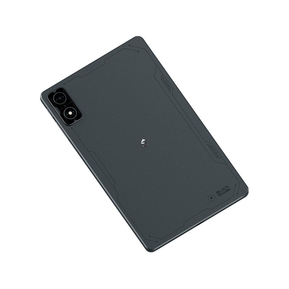 Retro di un tablet scuro con due fotocamere e marchio.
