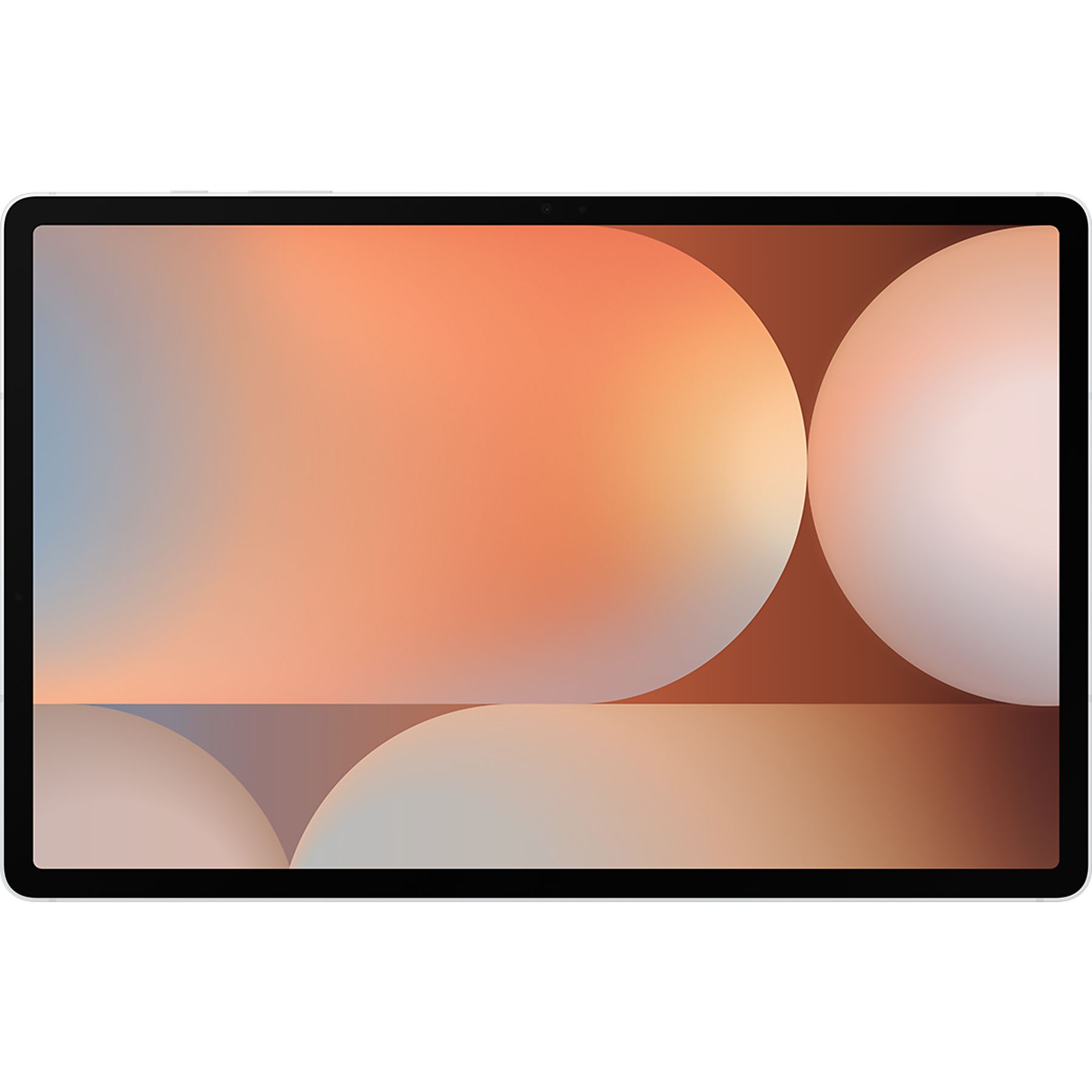 Turuncu ve mavi tonlarında soyut daire arka planına sahip bir tablet.