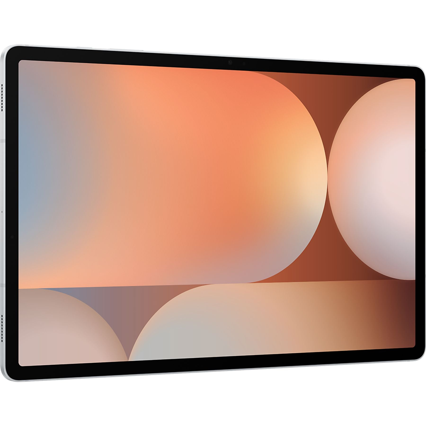 Siyah çerçeveli gümüş tablet, turuncudan maviye doğru renk geçişi gösteriyor.